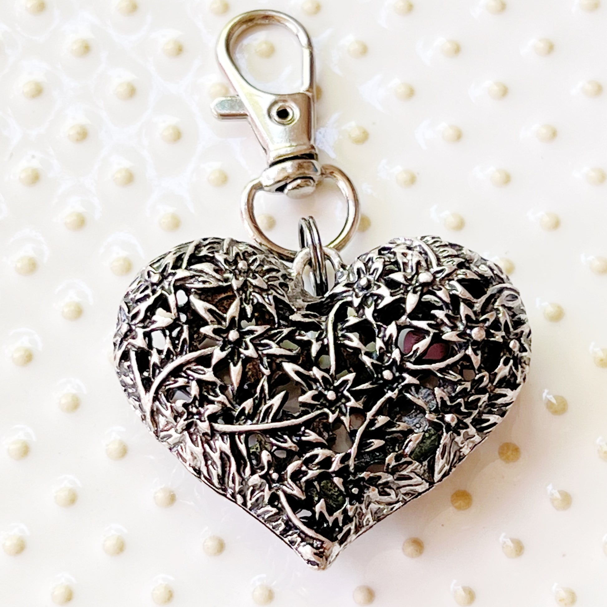 Silver Heart Zipper Pull Keychain Handbag Charm with Etched Flowers