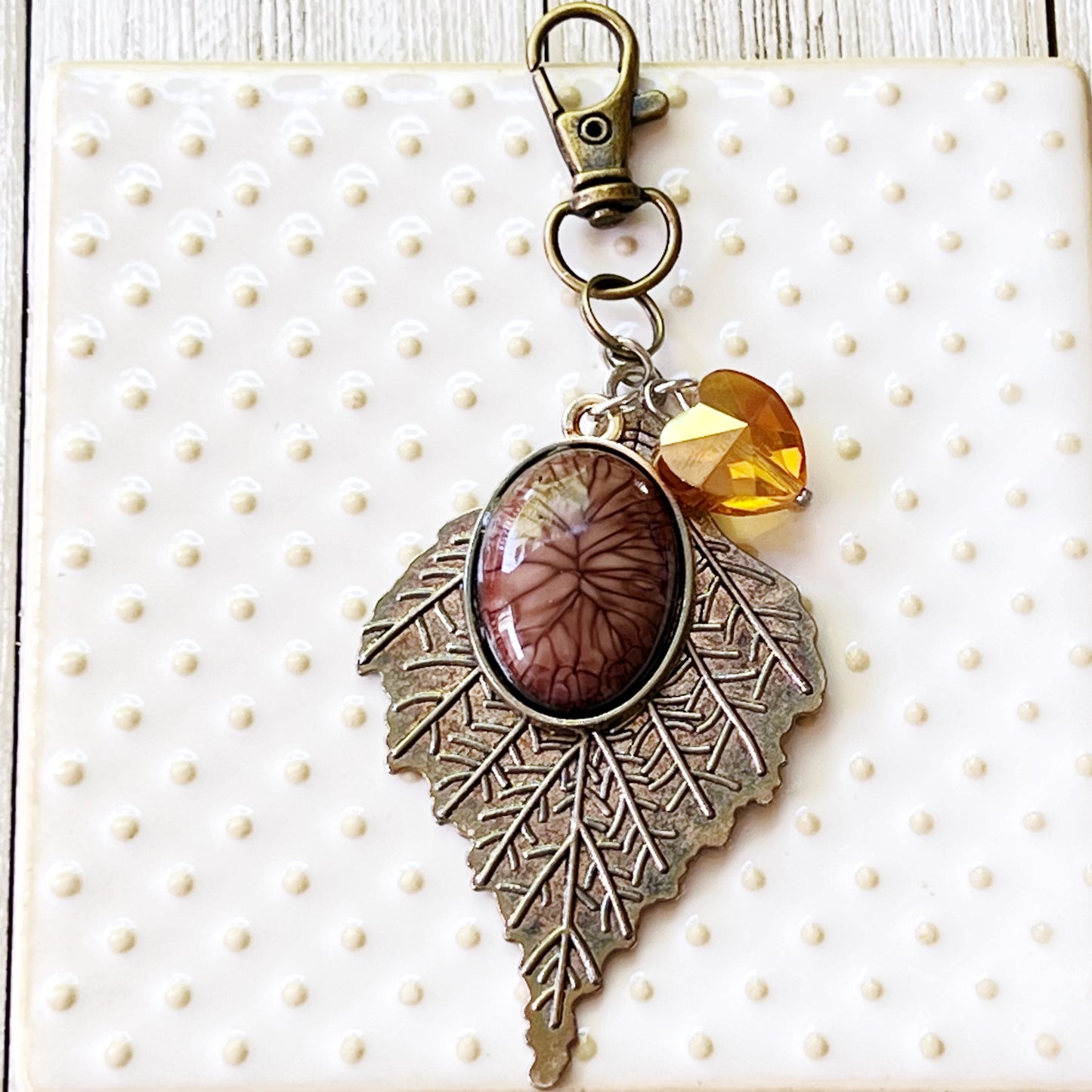 Leaf Zipper Pull Keychain Handbag Charm with Stone and Rhinestone Heart