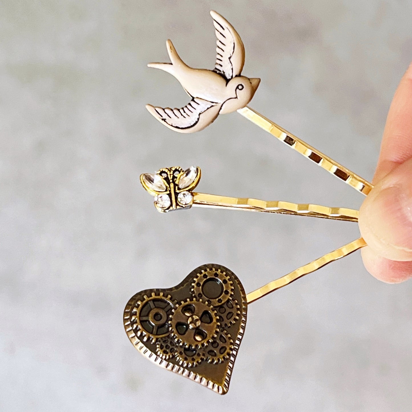 Steampunk Hair Pin Set of 5 - Gear Heart, Butterfly, Heart Lock, Bird, Flower Designs for Unique Hairstyles