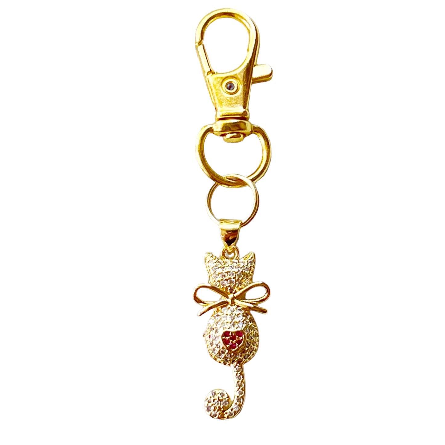 Dainty 18k Gold Plated Cubic Zirconia Cat with Pink Heart Purse Charm - Elegant Accessory