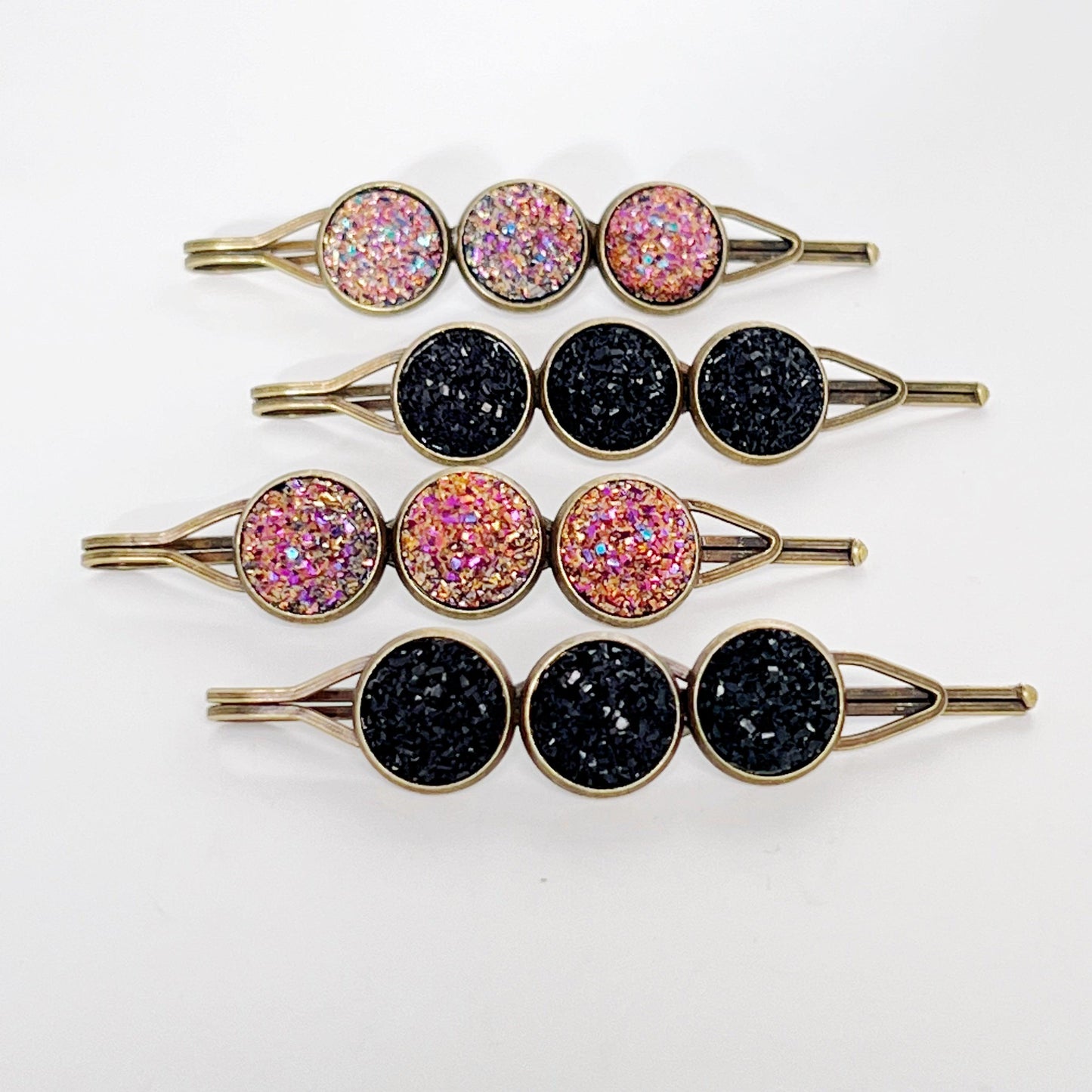 Black & Metallic Pink Druzy Hair Pins Set of 4 - Stylish and Versatile Hair Accessories