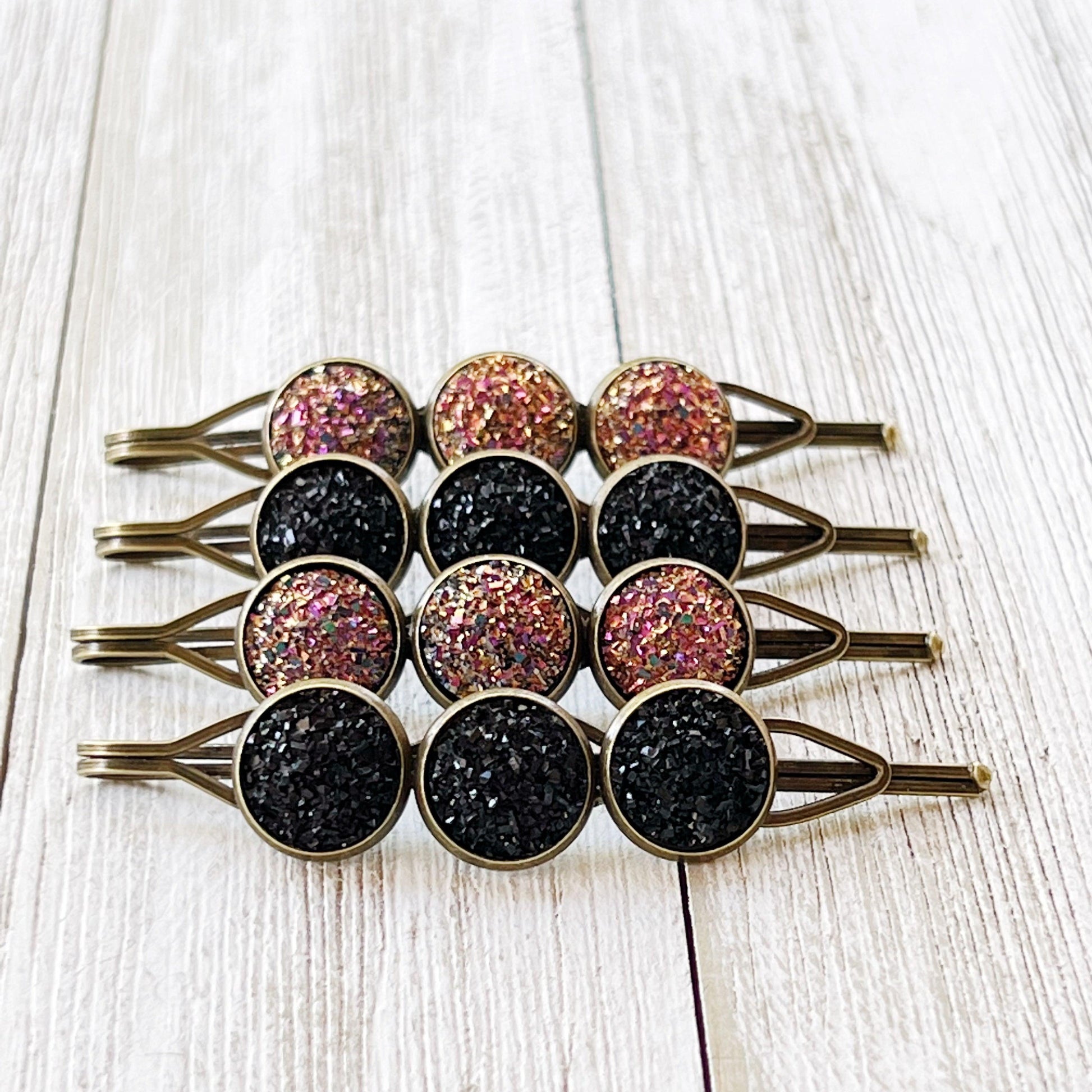 Black & Metallic Pink Druzy Hair Pins Set of 4 - Stylish and Versatile Hair Accessories