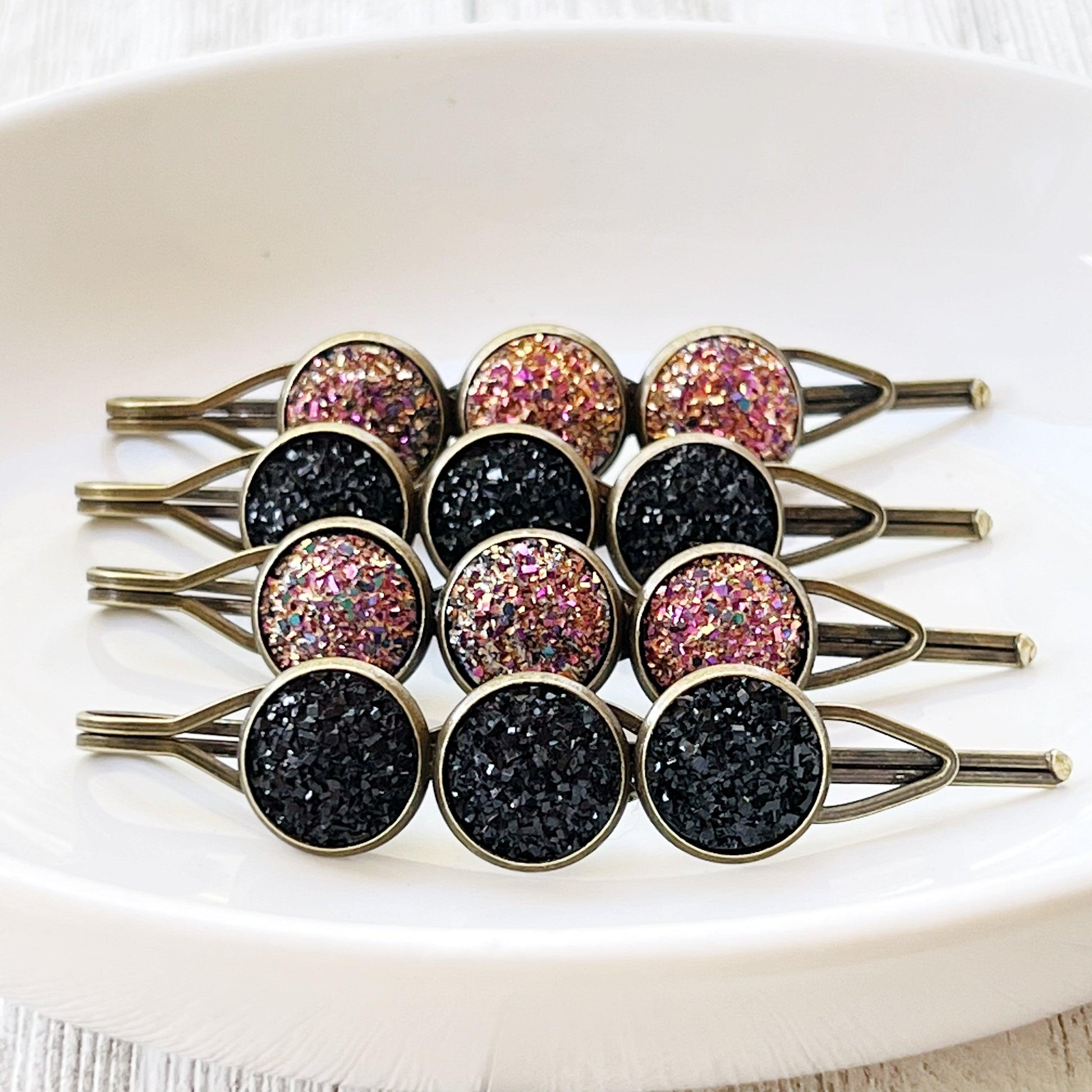 Black & Metallic Pink Druzy Hair Pins Set of 4 - Stylish and Versatile Hair Accessories