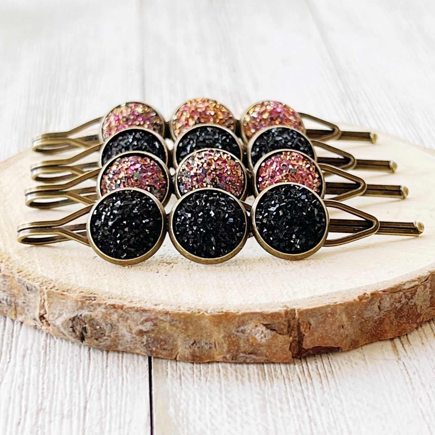 Black & Metallic Pink Druzy Hair Pins Set of 4 - Stylish and Versatile Hair Accessories