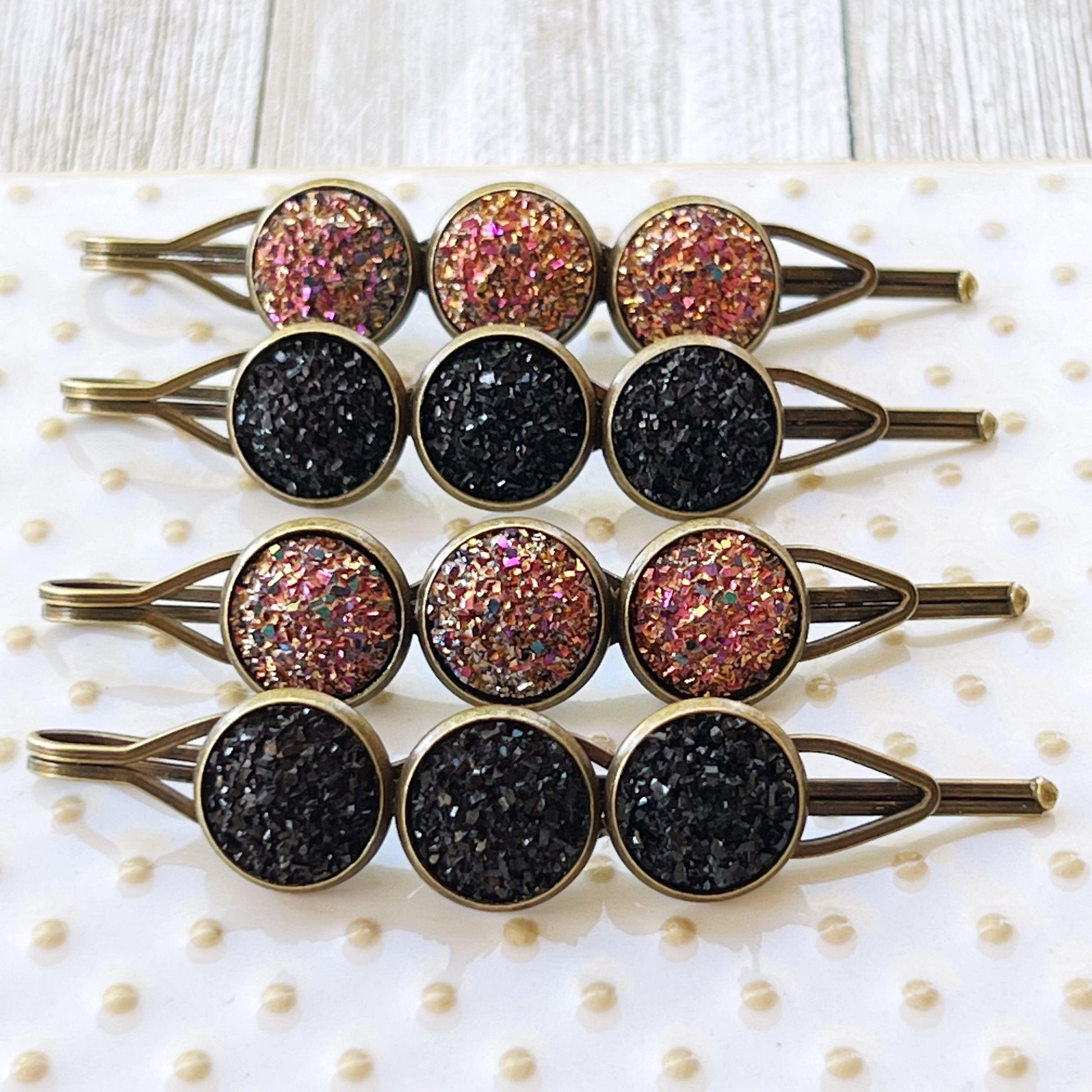 Black & Metallic Pink Druzy Hair Pins Set of 4 - Stylish and Versatile Hair Accessories