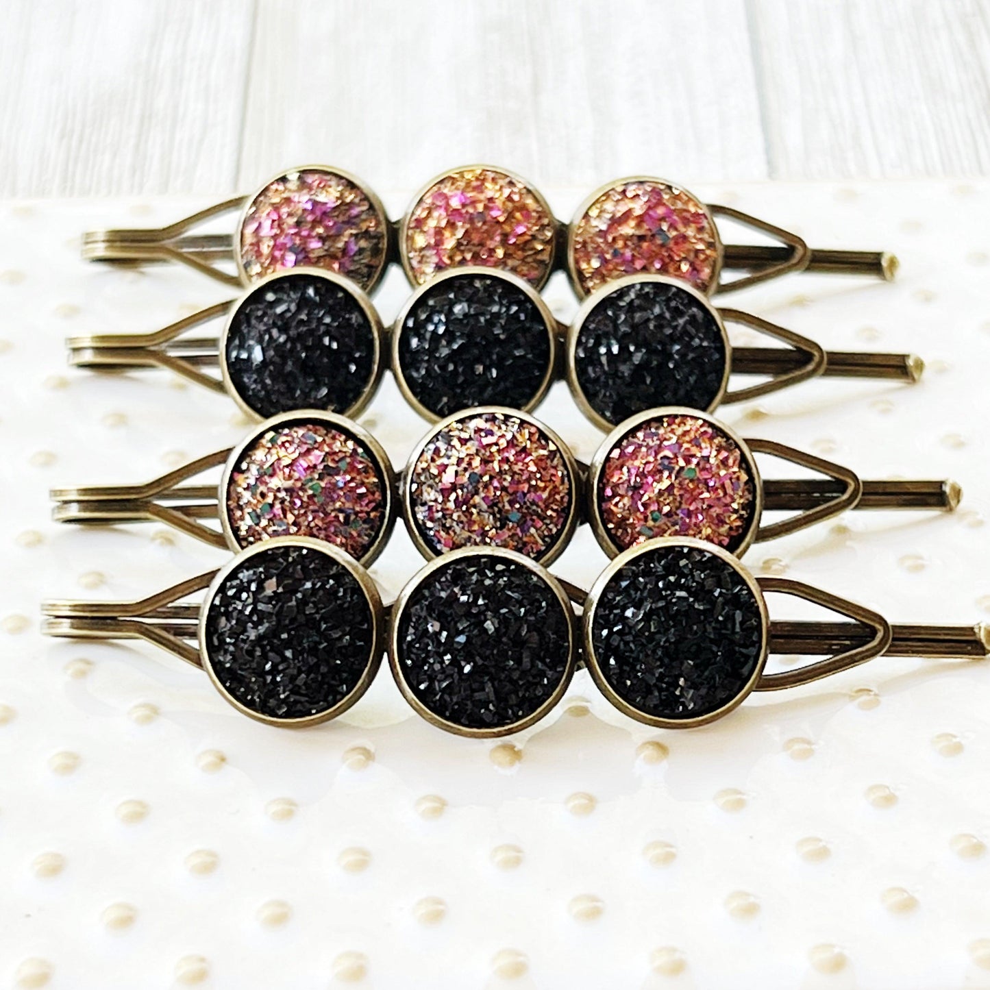 Black & Metallic Pink Druzy Hair Pins Set of 4 - Stylish and Versatile Hair Accessories