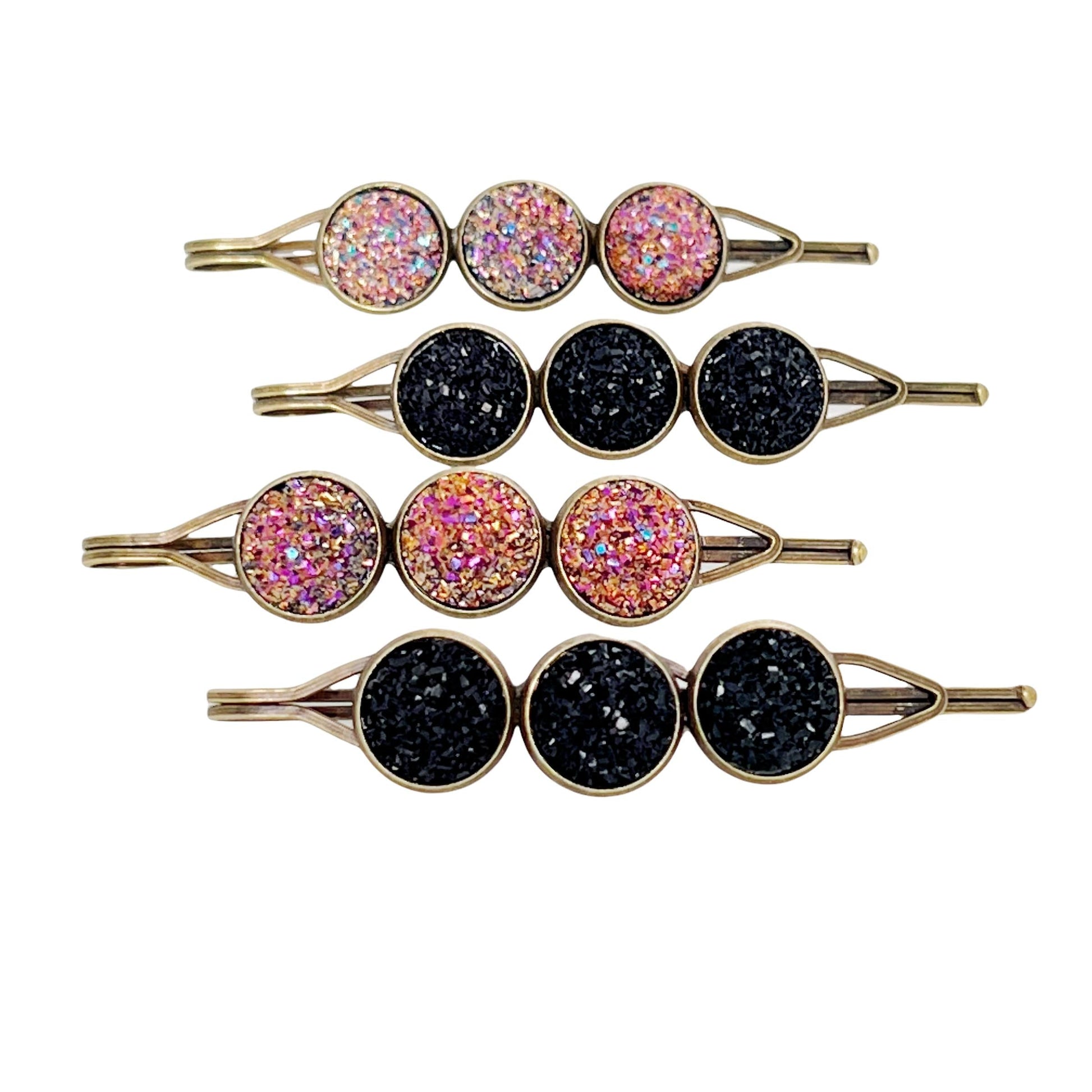 Black & Metallic Pink Druzy Hair Pins Set of 4 - Stylish and Versatile Hair Accessories