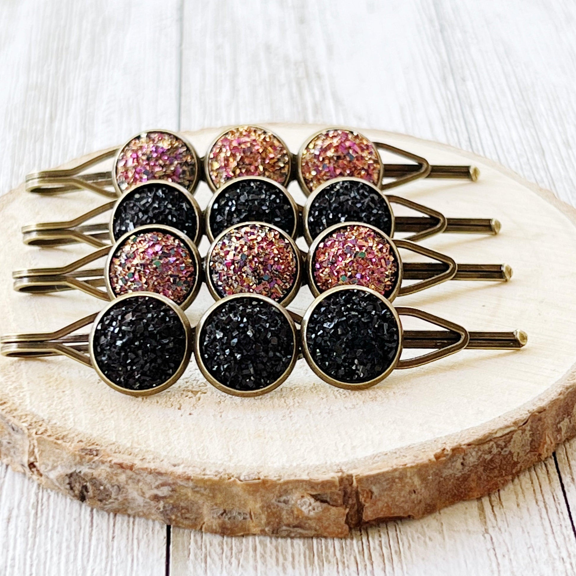 Black & Metallic Pink Druzy Hair Pins Set of 4 - Stylish and Versatile Hair Accessories