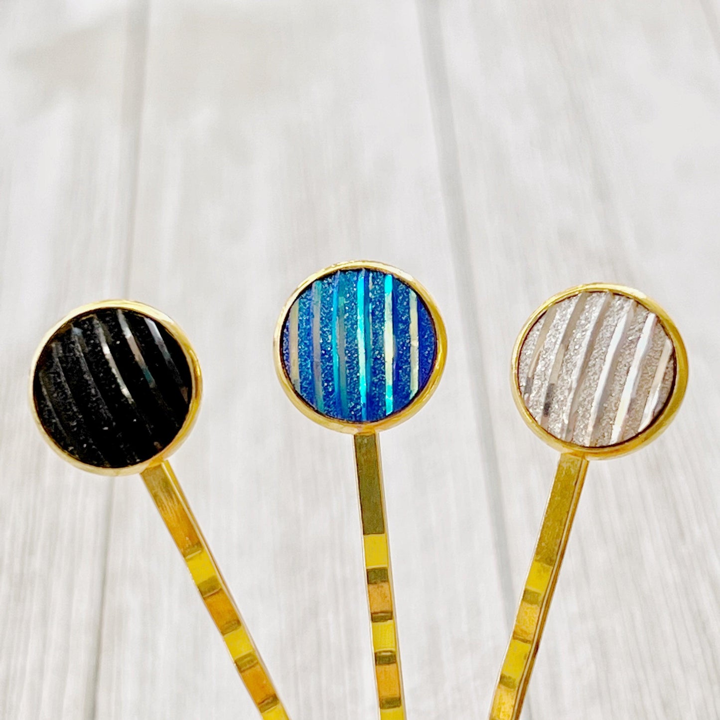 Blue, Black, and Silver Metallic Striped Hair Pins - Set of 3 Stylish Gold Hair Accessories