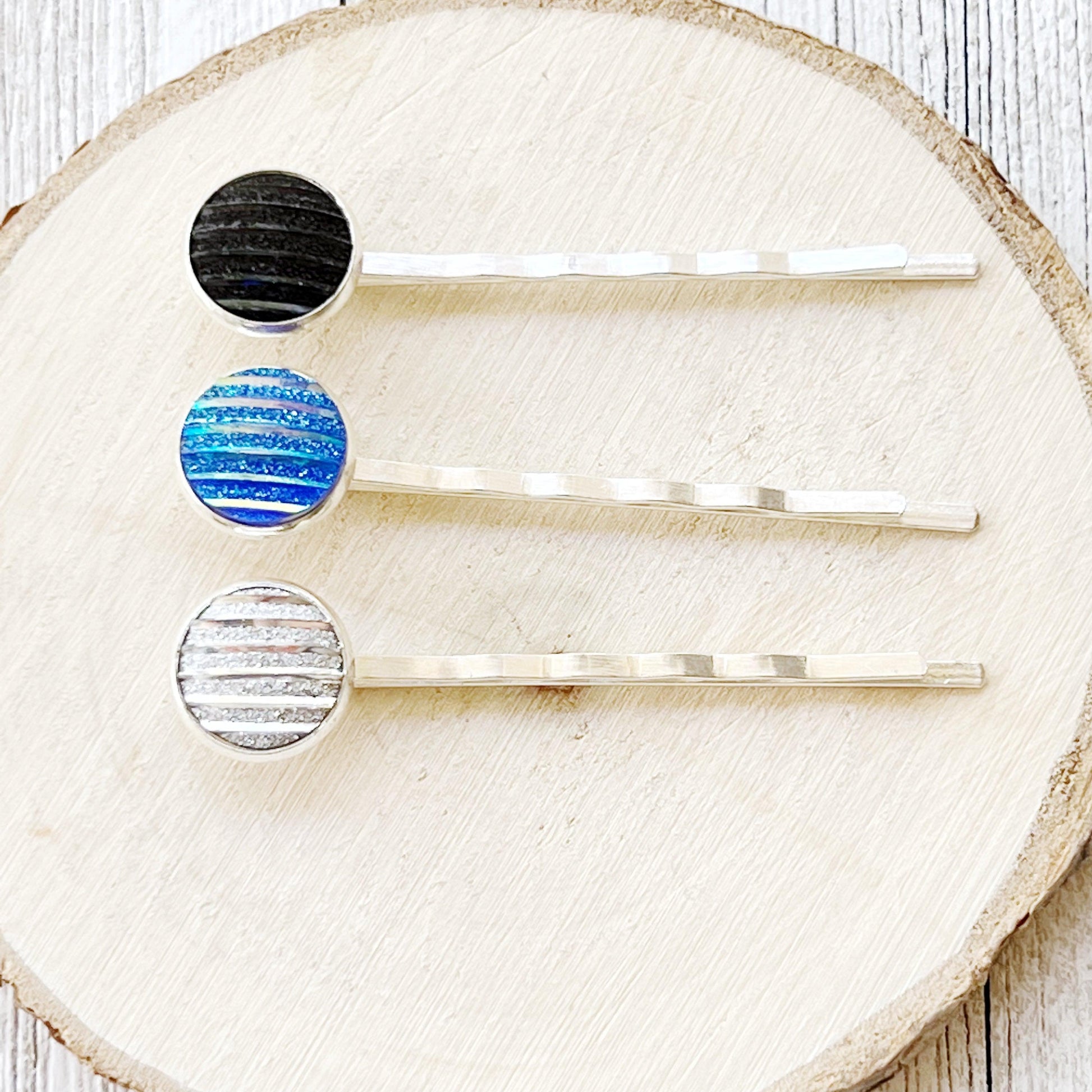 Blue, Black, & Silver Metallic Striped Hair Pins - Set of 3 Stylish Silver Hair Accessories