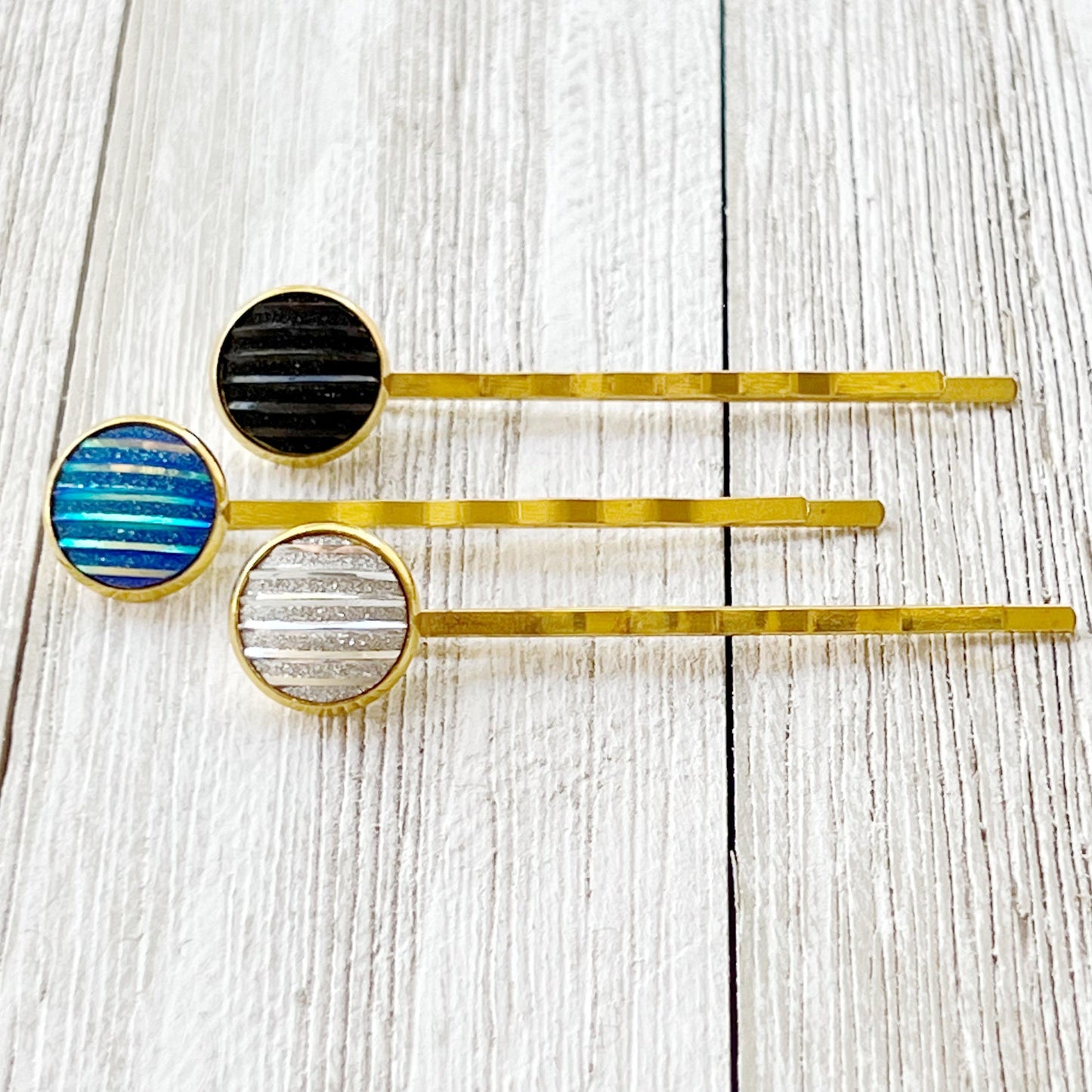 Blue, Black, and Silver Metallic Striped Hair Pins - Set of 3 Stylish Gold Hair Accessories