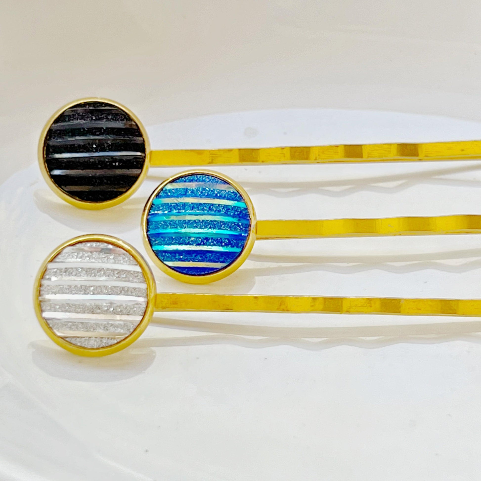 Blue, Black, and Silver Metallic Striped Hair Pins - Set of 3 Stylish Gold Hair Accessories