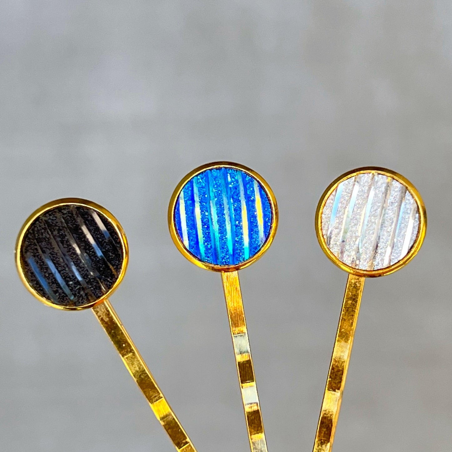 Blue, Black, and Silver Metallic Striped Hair Pins - Set of 3 Stylish Gold Hair Accessories