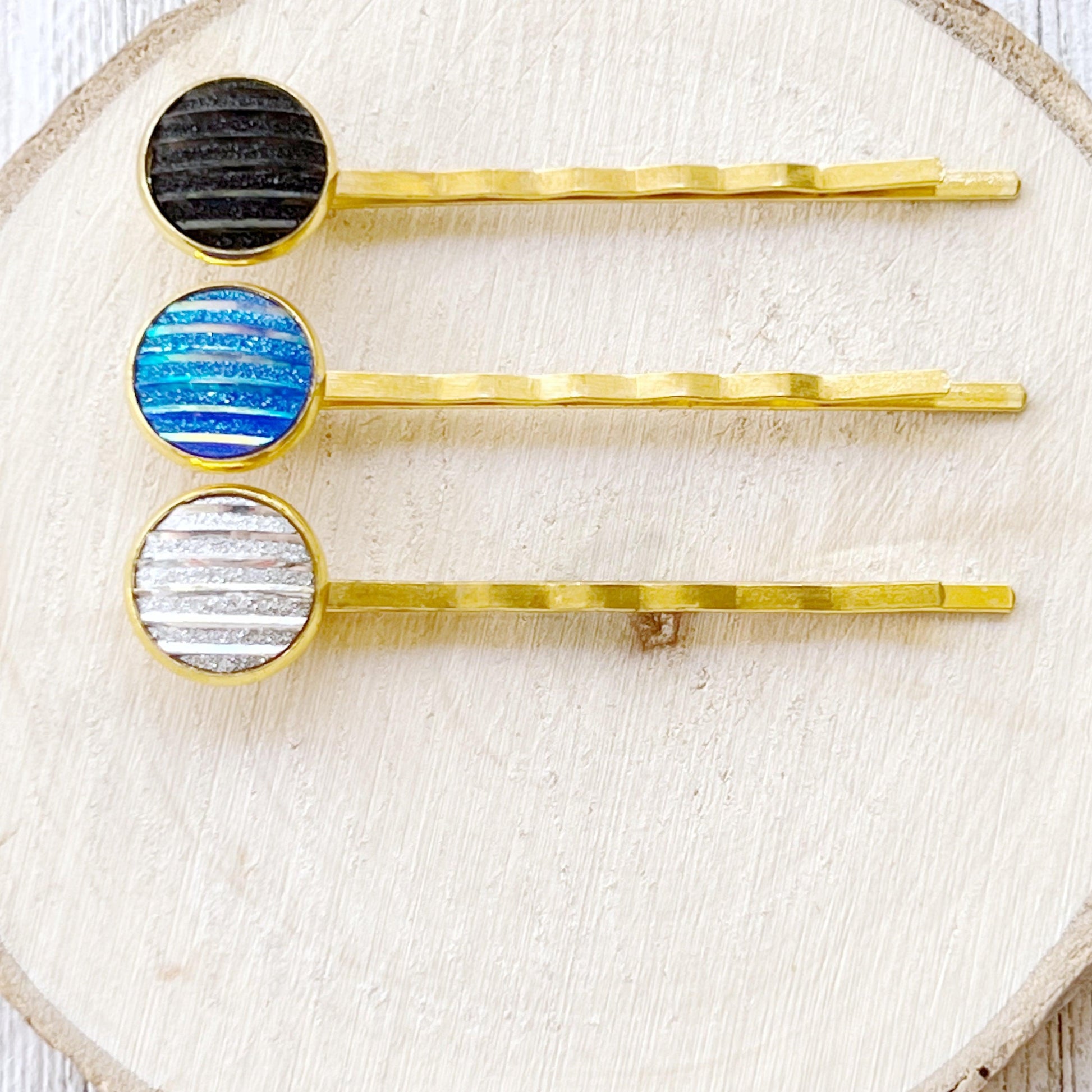 Blue, Black, and Silver Metallic Striped Hair Pins - Set of 3 Stylish Gold Hair Accessories