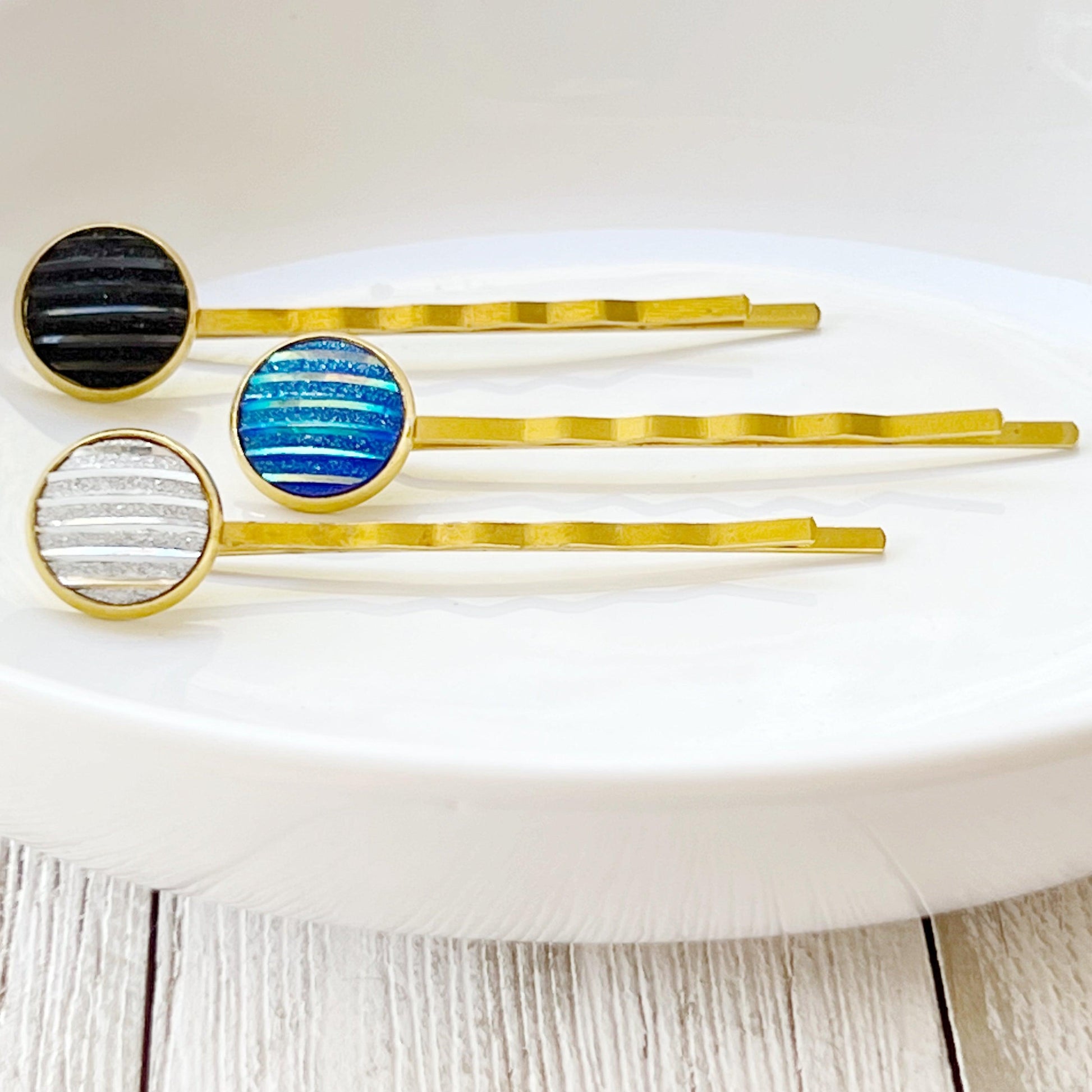 Blue, Black, and Silver Metallic Striped Hair Pins - Set of 3 Stylish Gold Hair Accessories