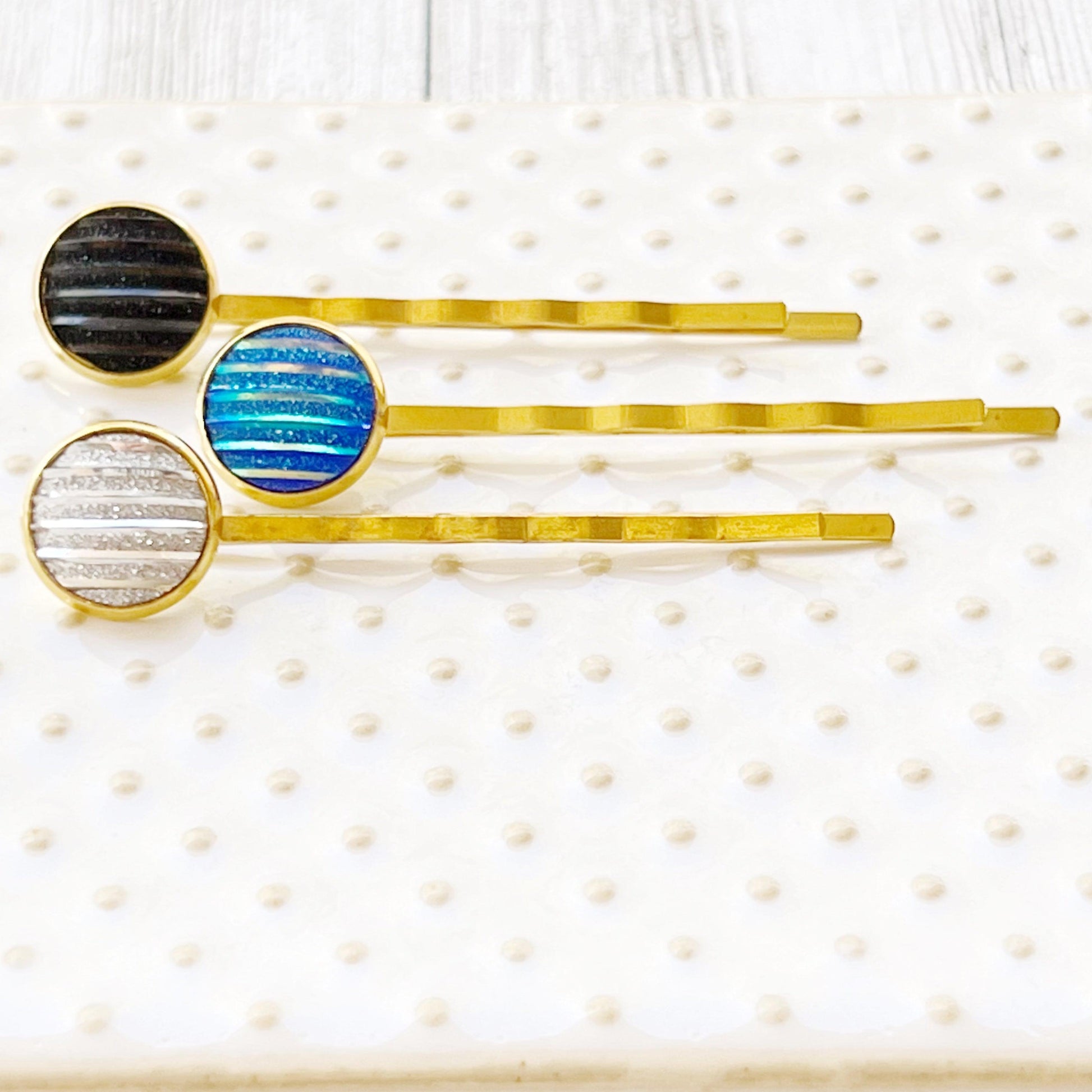 Blue, Black, and Silver Metallic Striped Hair Pins - Set of 3 Stylish Gold Hair Accessories