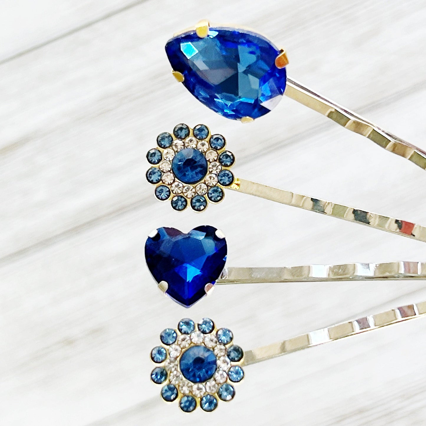 Blue Rhinestone Flowers, Heart, & Teardrop Hair Pins - Set of 4 Elegant Hair Pins for Women | Cobalt Blue Bobby Pins