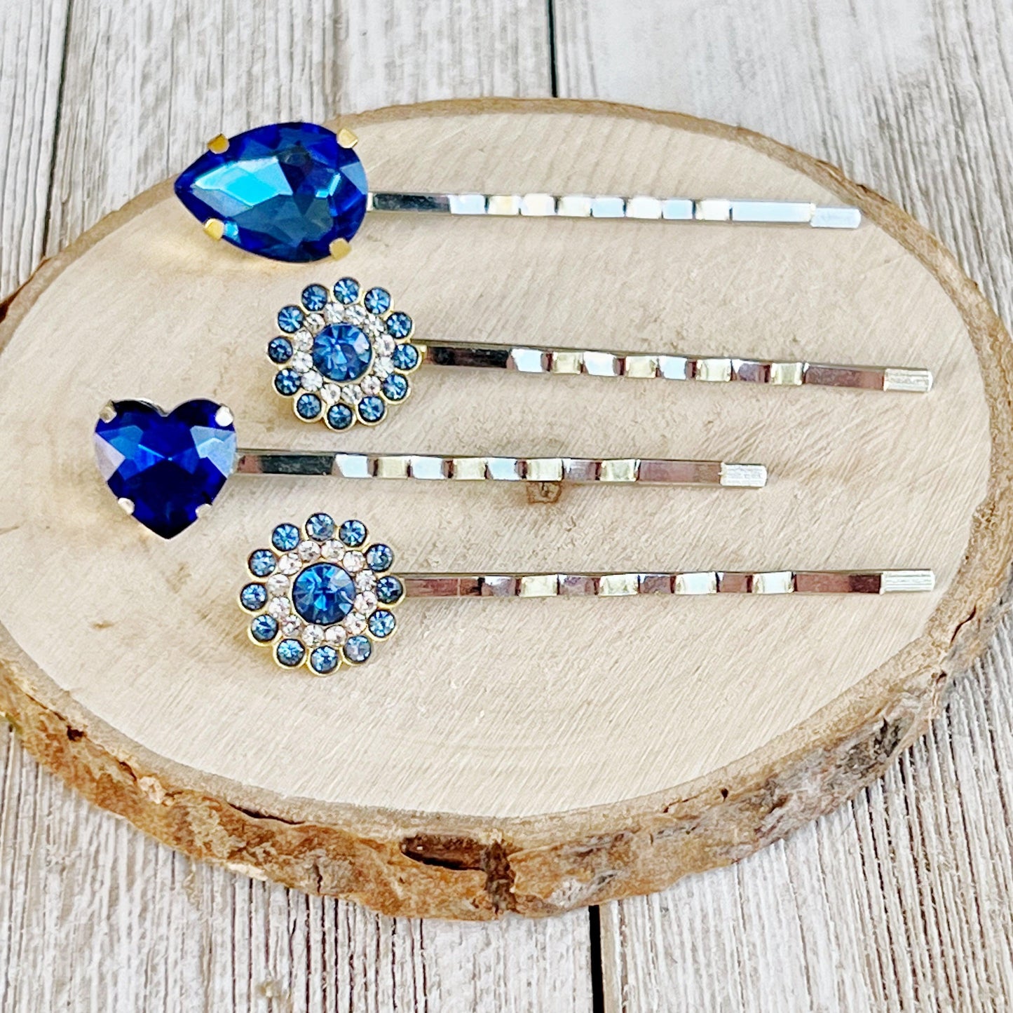 Blue Rhinestone Flowers, Heart, & Teardrop Hair Pins - Set of 4 Elegant Hair Pins for Women | Cobalt Blue Bobby Pins