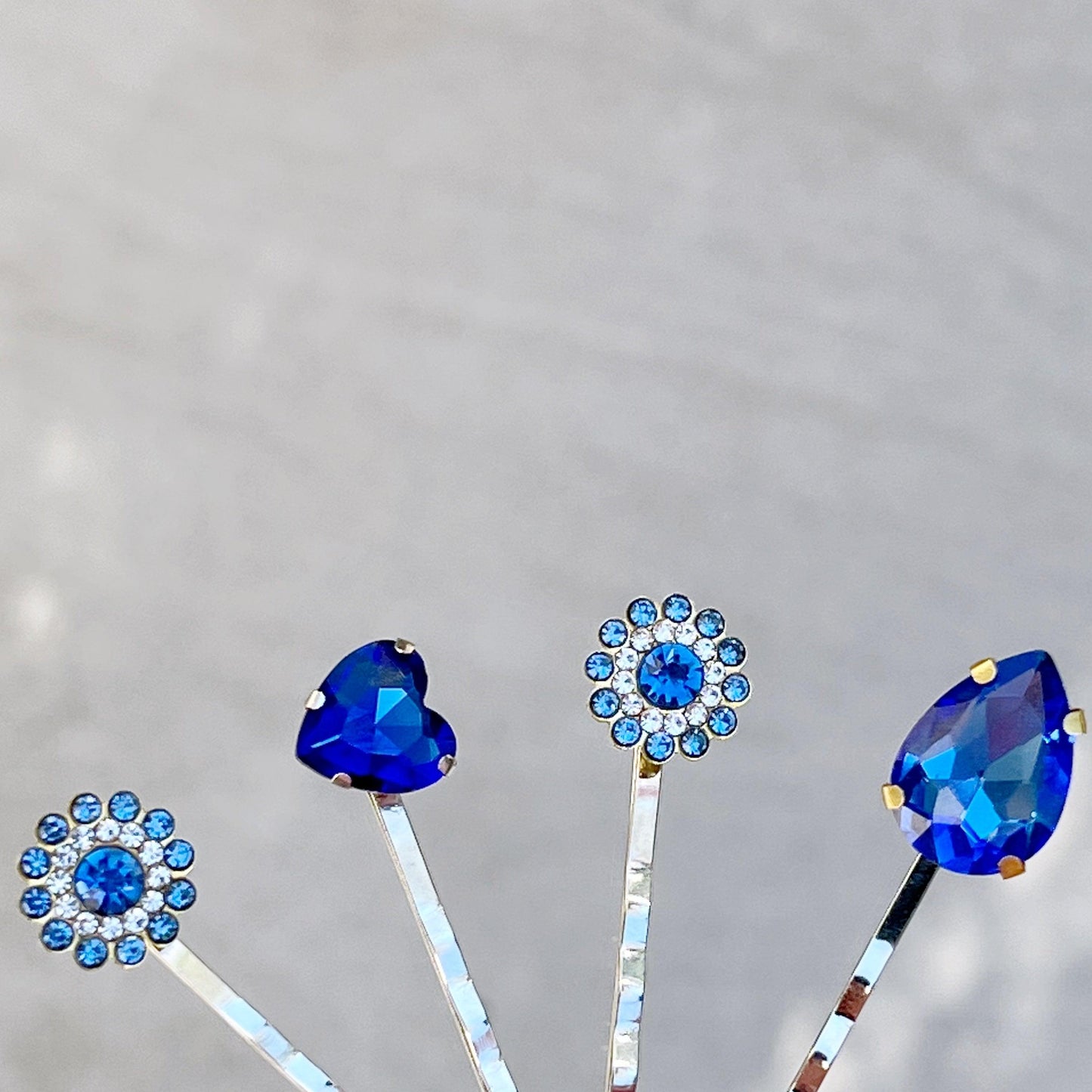 Blue Rhinestone Flowers, Heart, & Teardrop Hair Pins - Set of 4 Elegant Hair Pins for Women | Cobalt Blue Bobby Pins