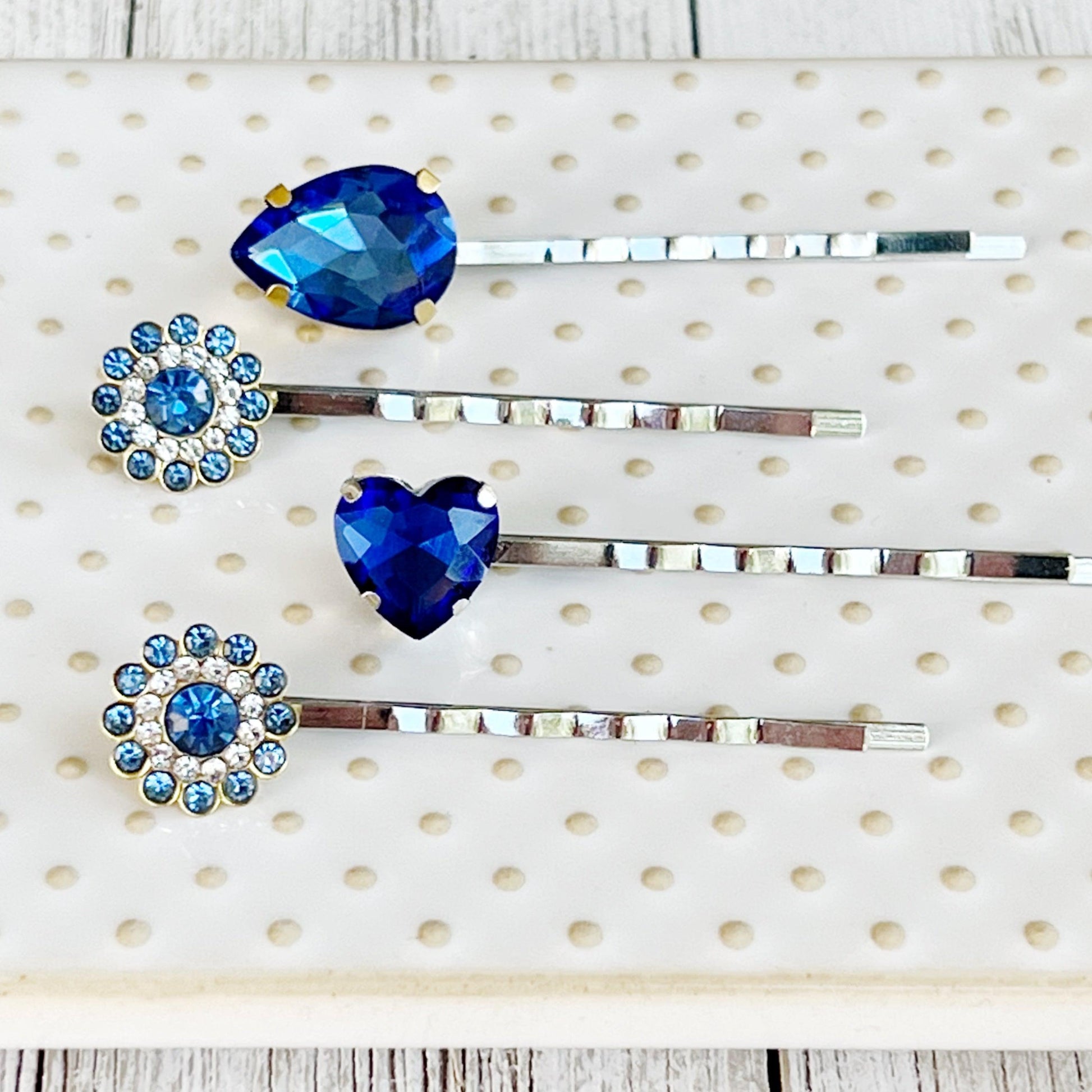 Blue Rhinestone Flowers, Heart, & Teardrop Hair Pins - Set of 4 Elegant Hair Pins for Women | Cobalt Blue Bobby Pins