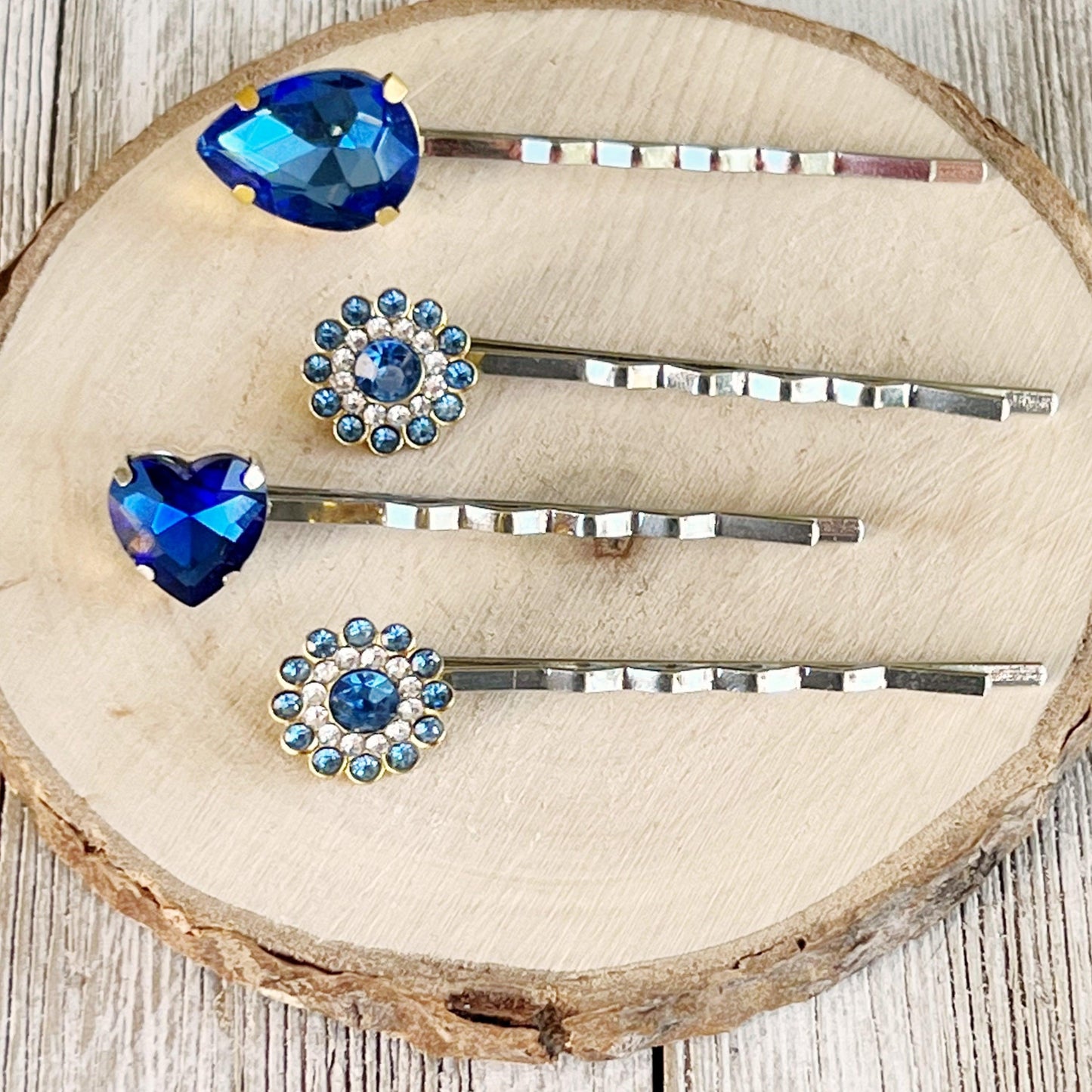 Blue Rhinestone Flowers, Heart, & Teardrop Hair Pins - Set of 4 Elegant Hair Pins for Women | Cobalt Blue Bobby Pins