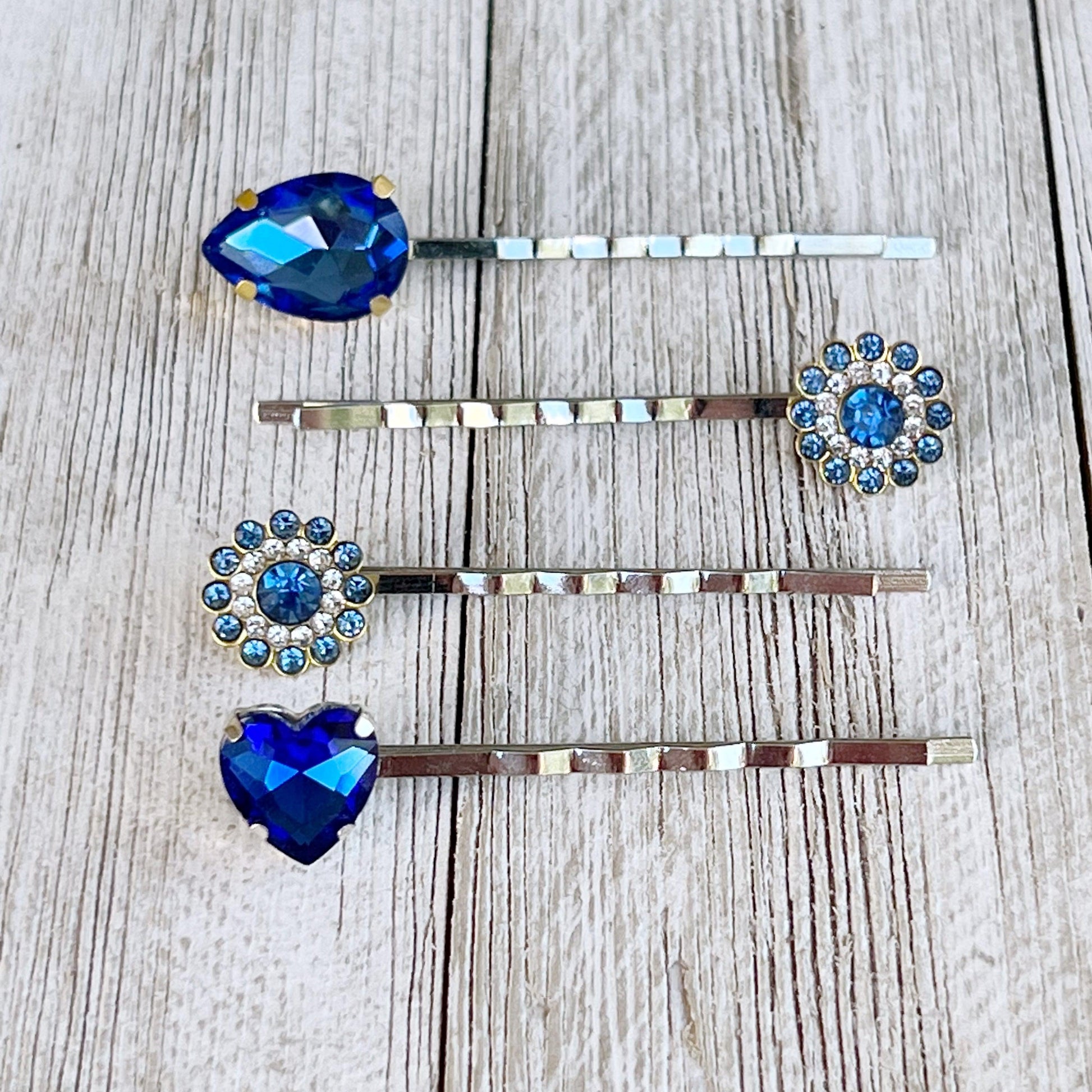 Blue Rhinestone Flowers, Heart, & Teardrop Hair Pins - Set of 4 Elegant Hair Pins for Women | Cobalt Blue Bobby Pins