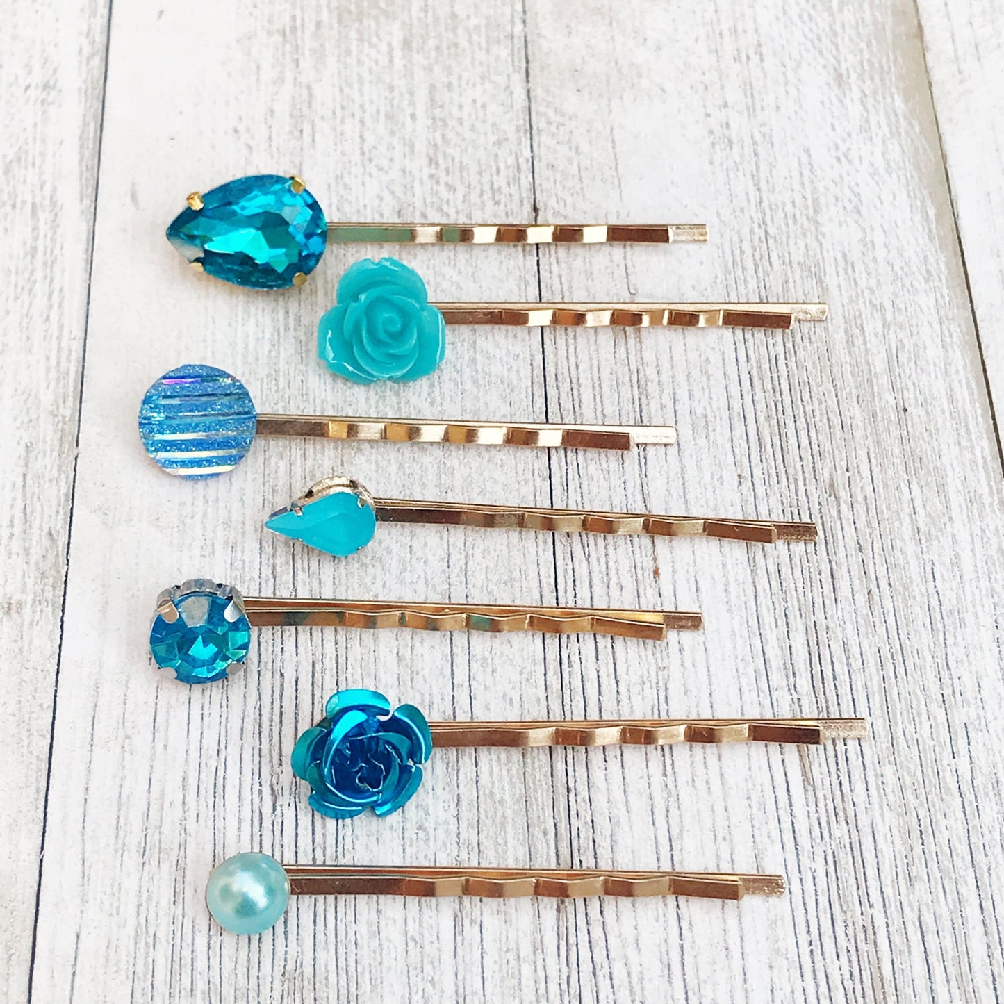 Blue Rose Gold Hair Pins - Minimalist Wedding Hair Jewelry | Modern Bobby Pins & Flower Hair Barrettes for Women