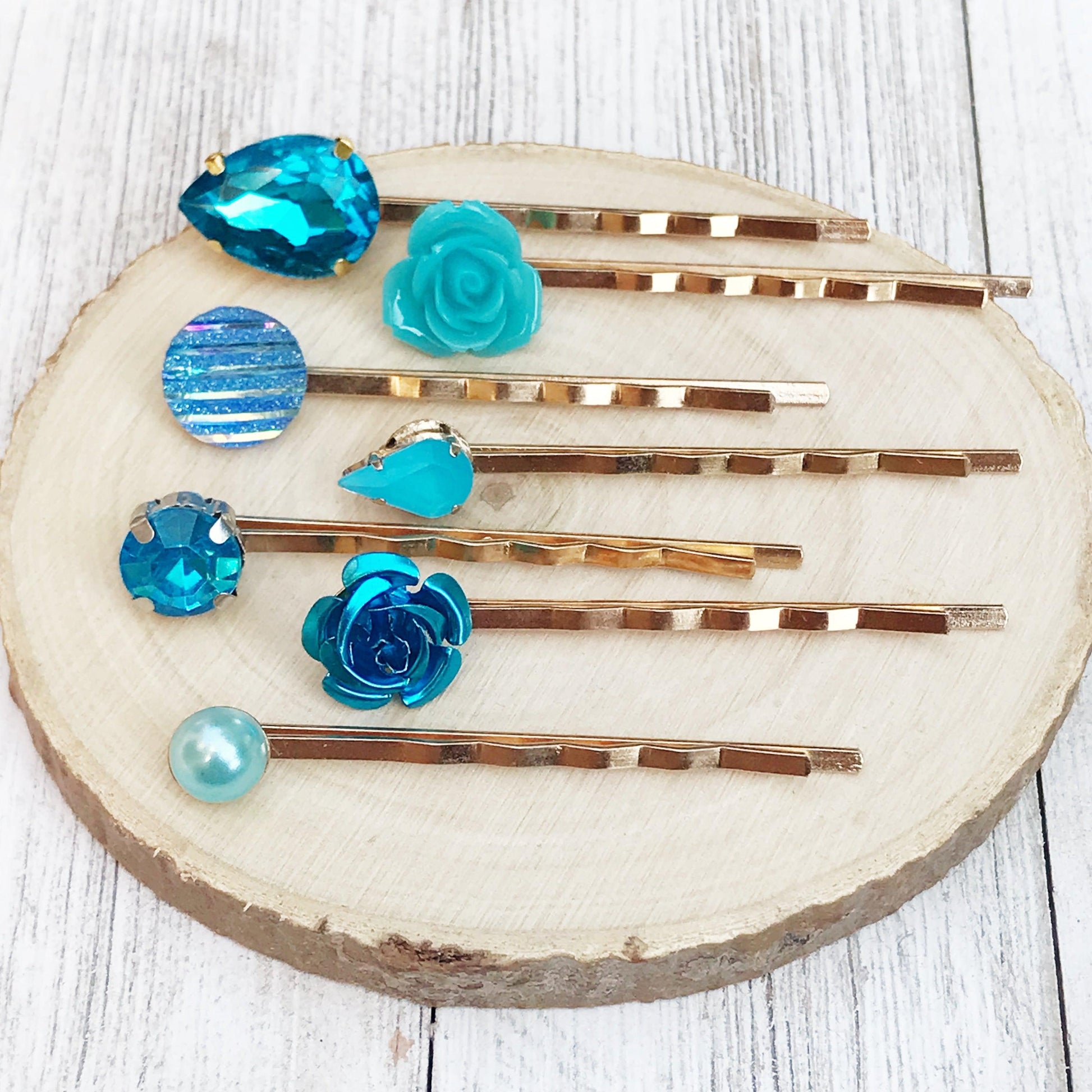 Blue Rose Gold Hair Pins - Minimalist Wedding Hair Jewelry | Modern Bobby Pins & Flower Hair Barrettes for Women