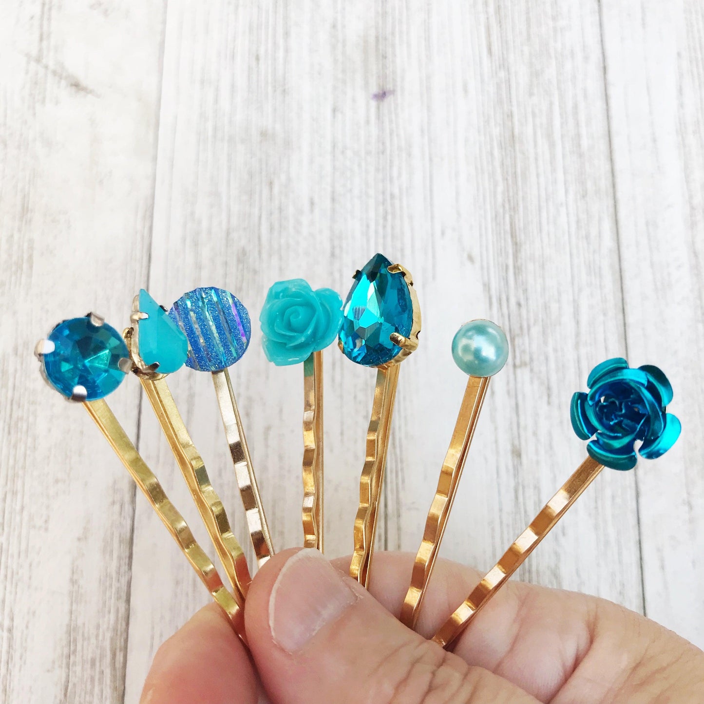 Blue Rose Gold Hair Pins - Minimalist Wedding Hair Jewelry | Modern Bobby Pins & Flower Hair Barrettes for Women