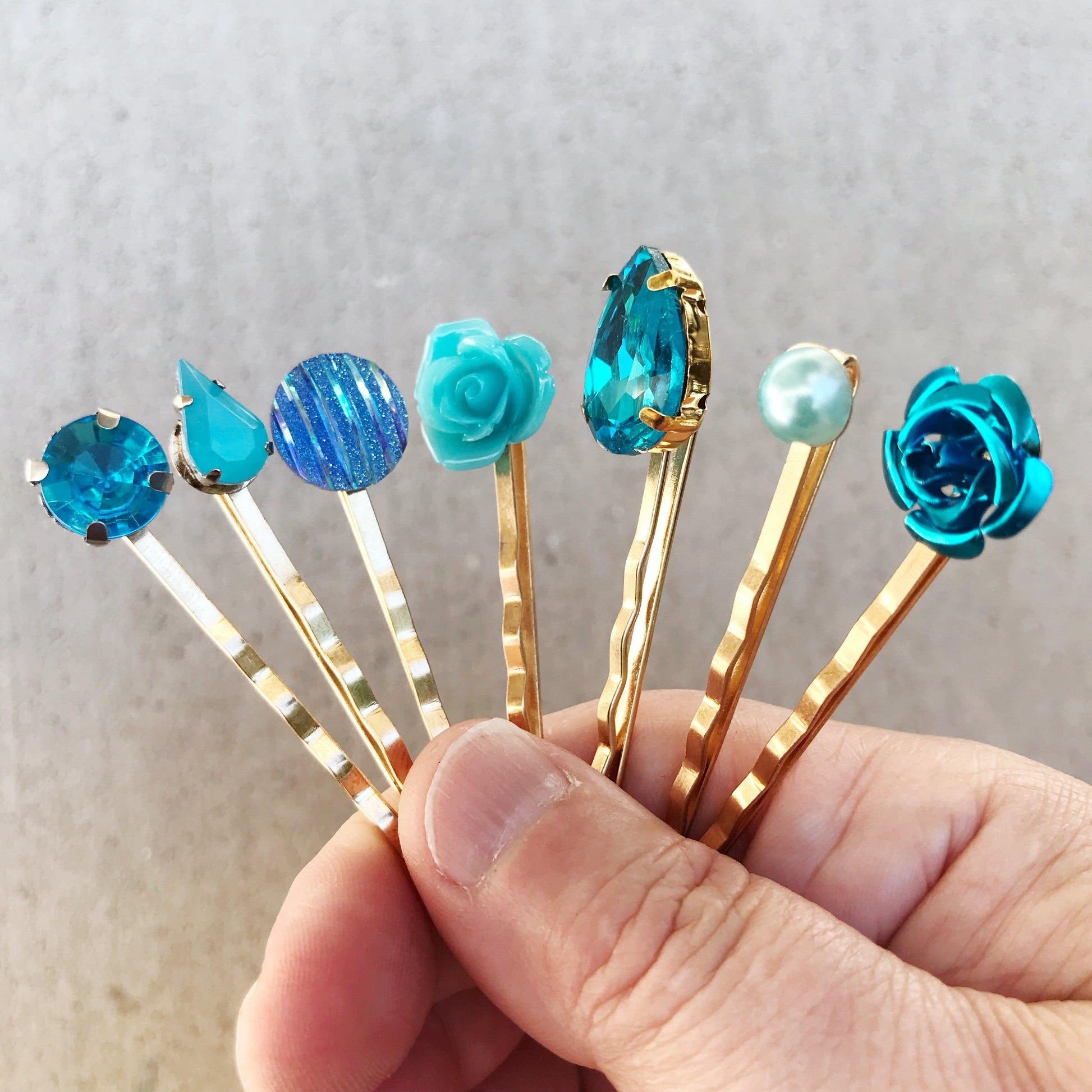 Blue Rose Gold Hair Pins - Minimalist Wedding Hair Jewelry | Modern Bobby Pins & Flower Hair Barrettes for Women