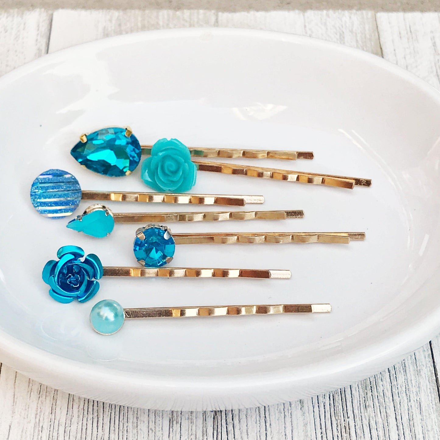 Blue Rose Gold Hair Pins - Minimalist Wedding Hair Jewelry | Modern Bobby Pins & Flower Hair Barrettes for Women