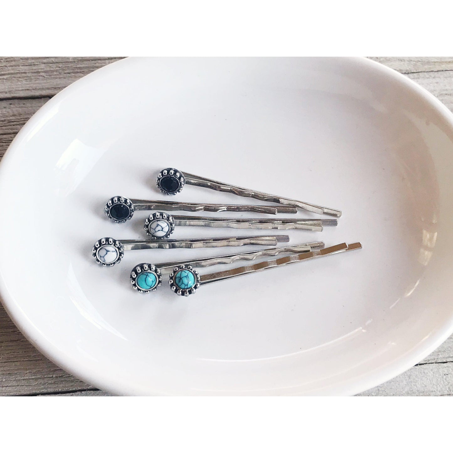 Black, White & Turquoise Stone Hair Pins - Set of 6 Western Cowgirl Bobby Pins, Women's Southwestern Boho Hair Accessories