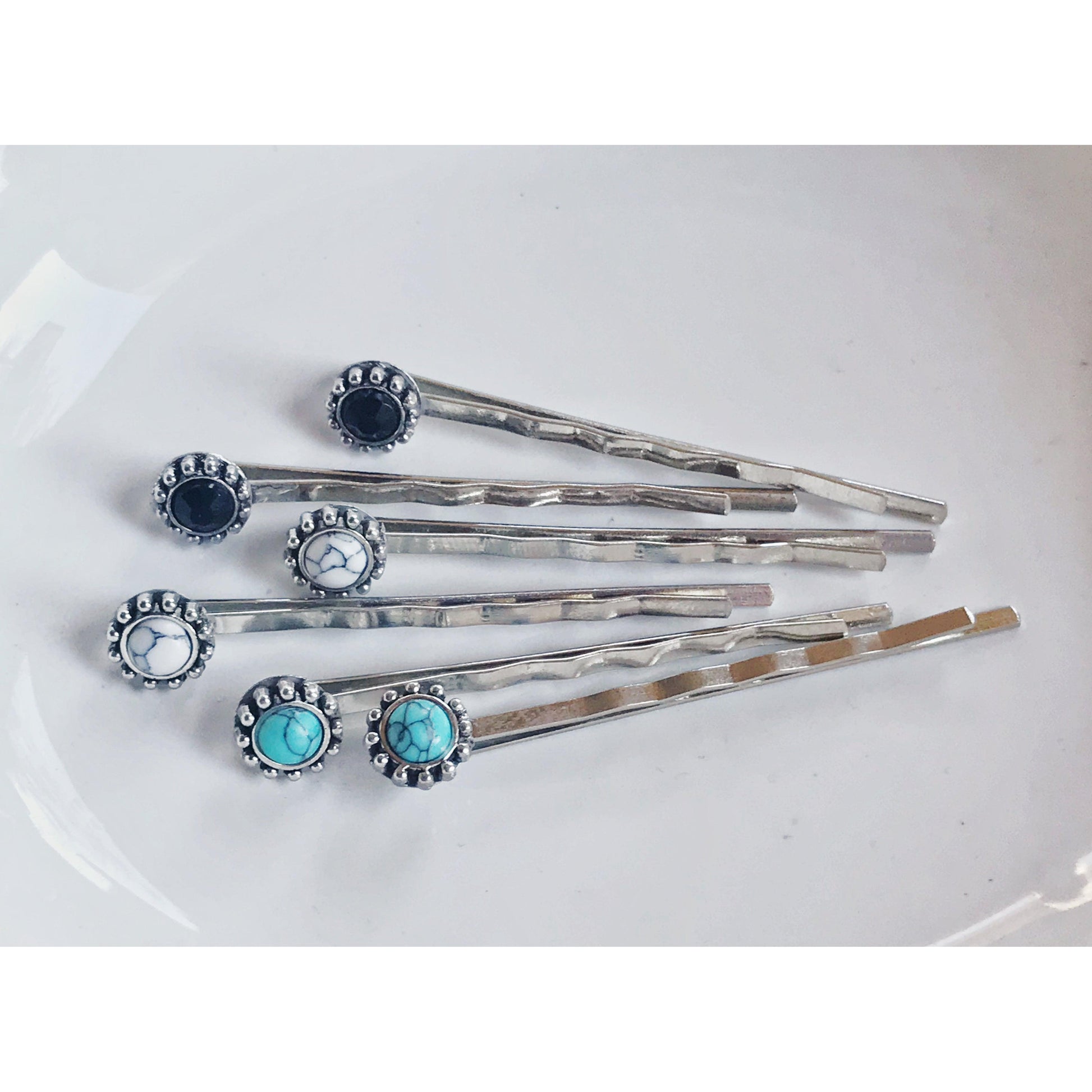 Black, White & Turquoise Stone Hair Pins - Set of 6 Western Cowgirl Bobby Pins, Women's Southwestern Boho Hair Accessories