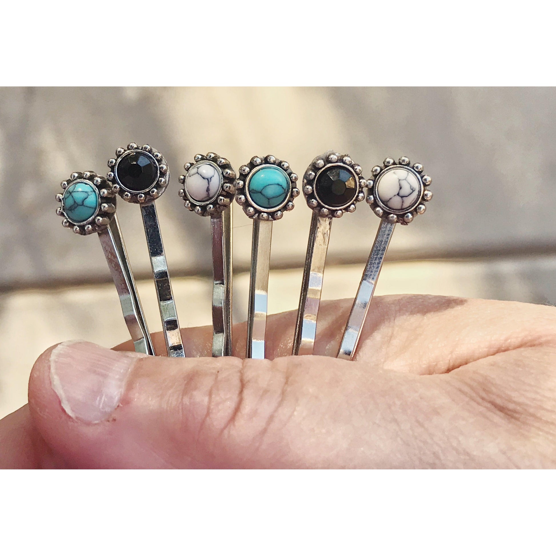 Black, White & Turquoise Stone Hair Pins - Set of 6 Western Cowgirl Bobby Pins, Women's Southwestern Boho Hair Accessories