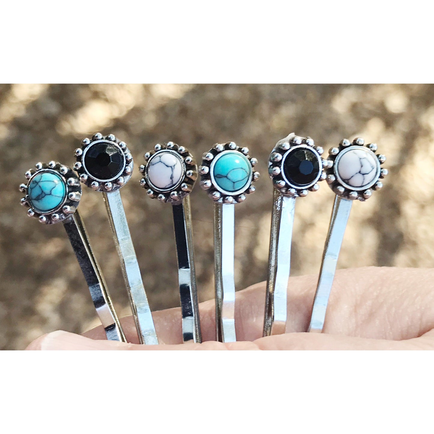 Black, White & Turquoise Stone Hair Pins - Set of 6 Western Cowgirl Bobby Pins, Women's Southwestern Boho Hair Accessories