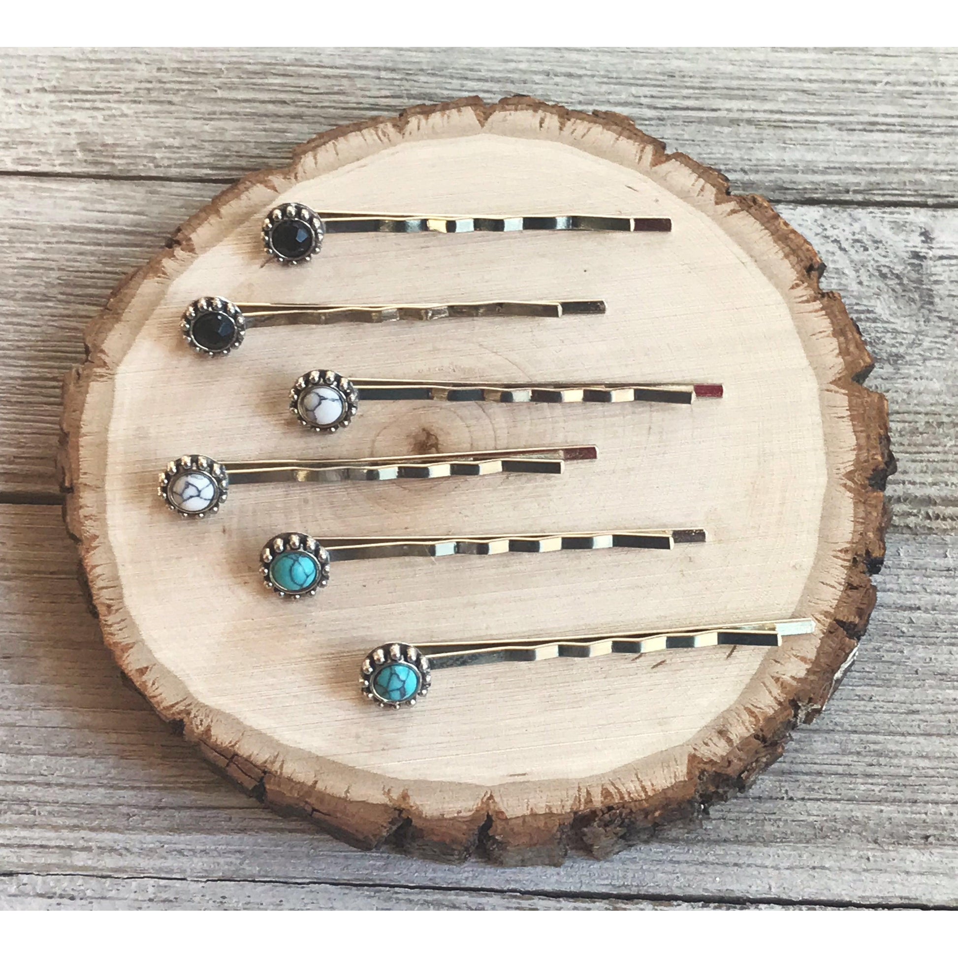 Black, White & Turquoise Stone Hair Pins - Set of 6 Western Cowgirl Bobby Pins, Women's Southwestern Boho Hair Accessories