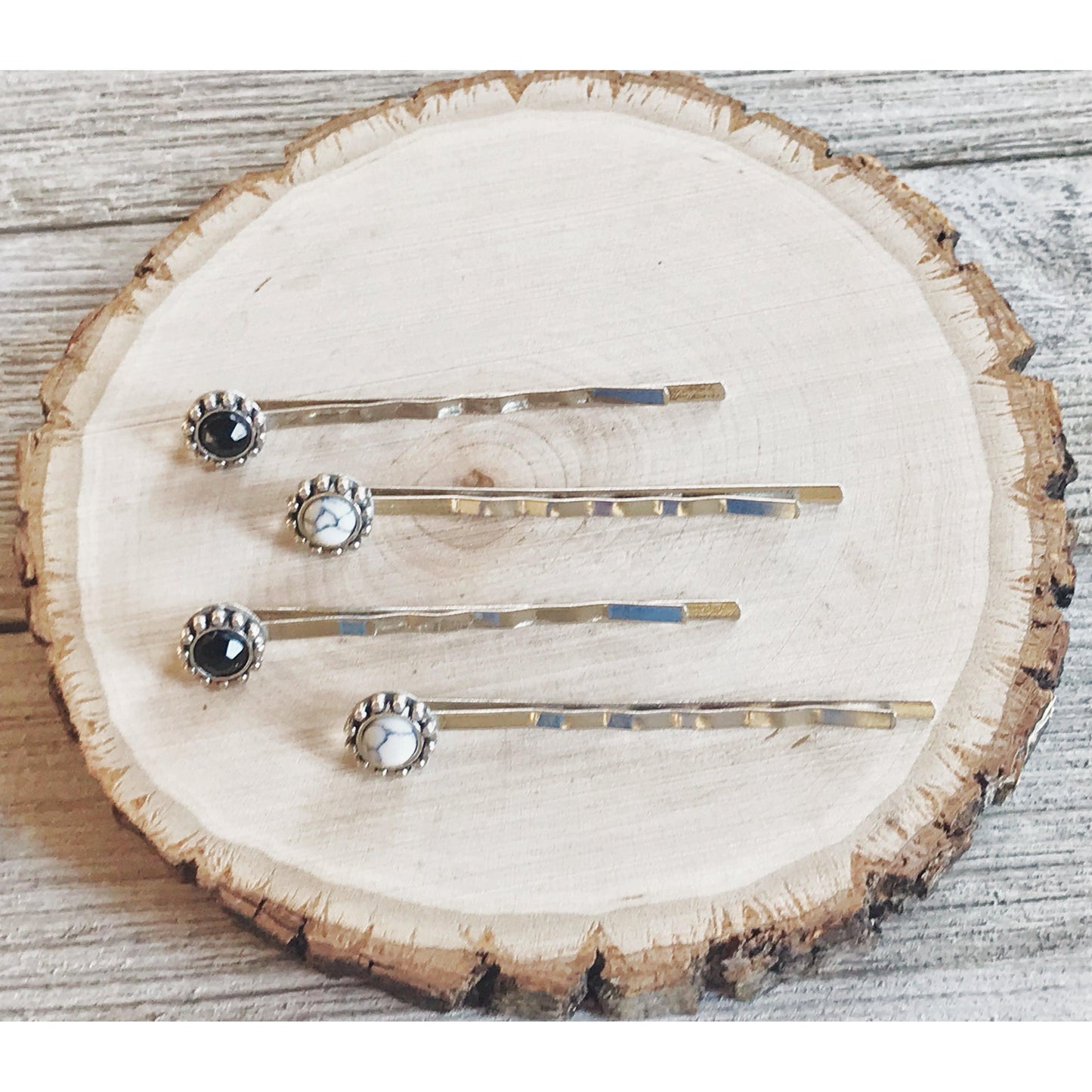 Boho Black & White Gemstone Hair Pins - Set of 4 Stylish Bobby Pins