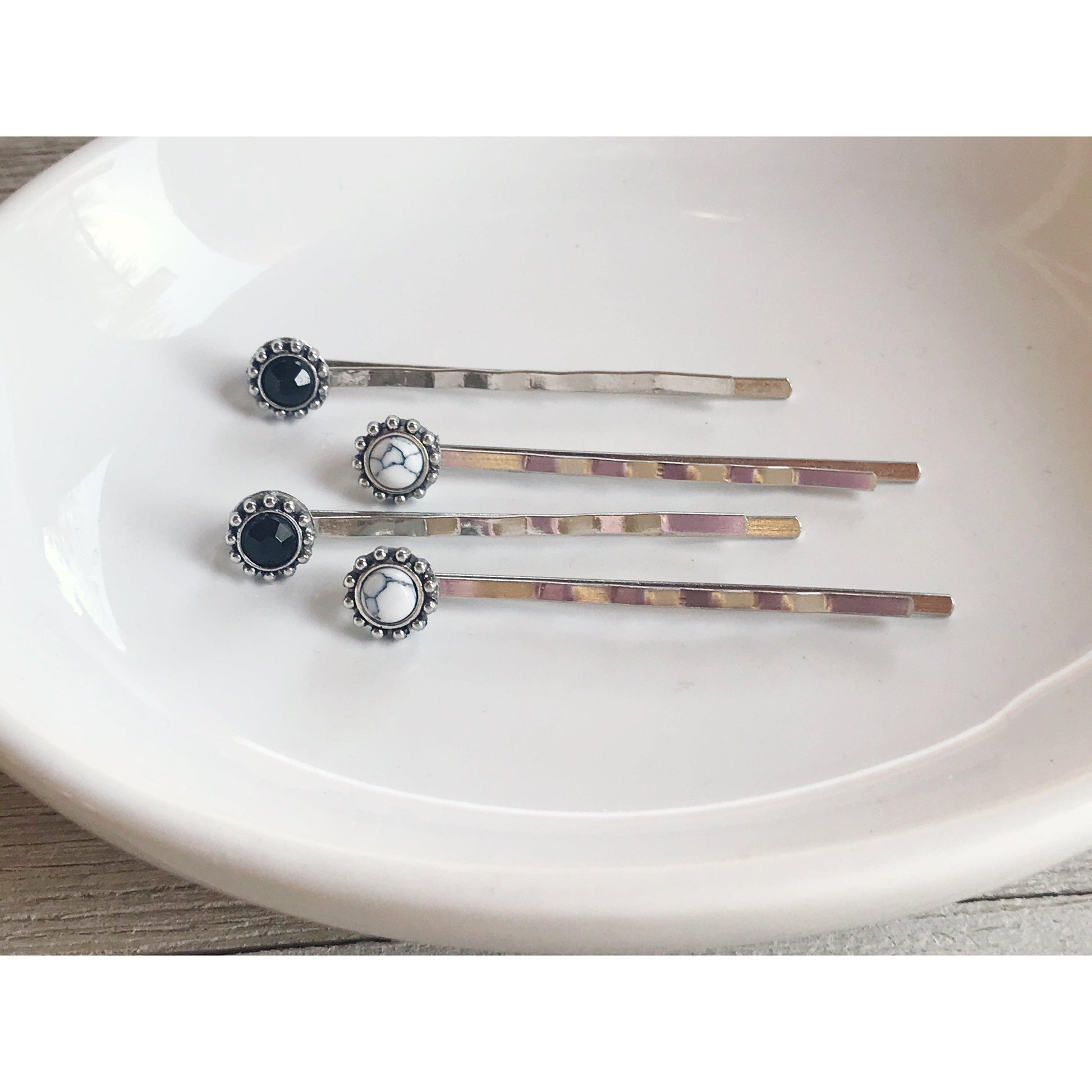 Boho Black & White Gemstone Hair Pins - Set of 4 Stylish Bobby Pins