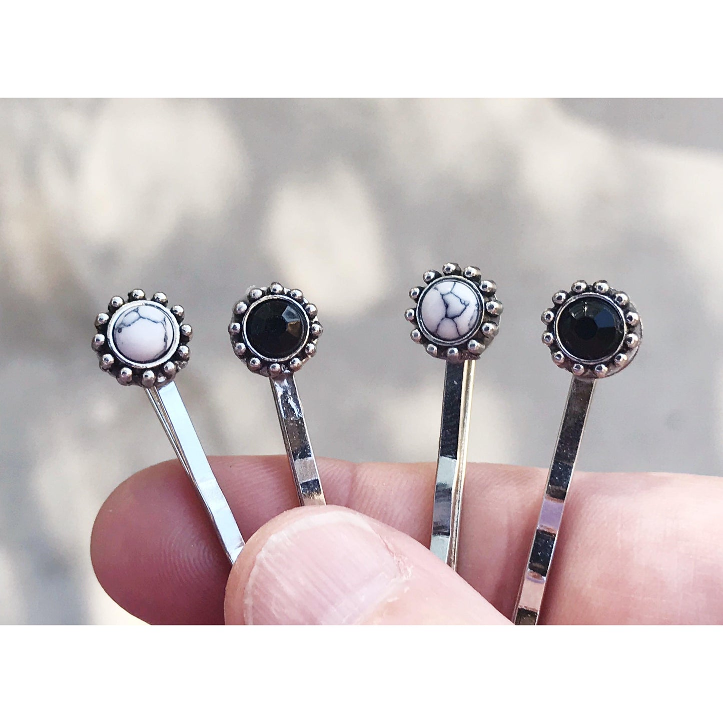 Boho Black & White Gemstone Hair Pins - Set of 4 Stylish Bobby Pins