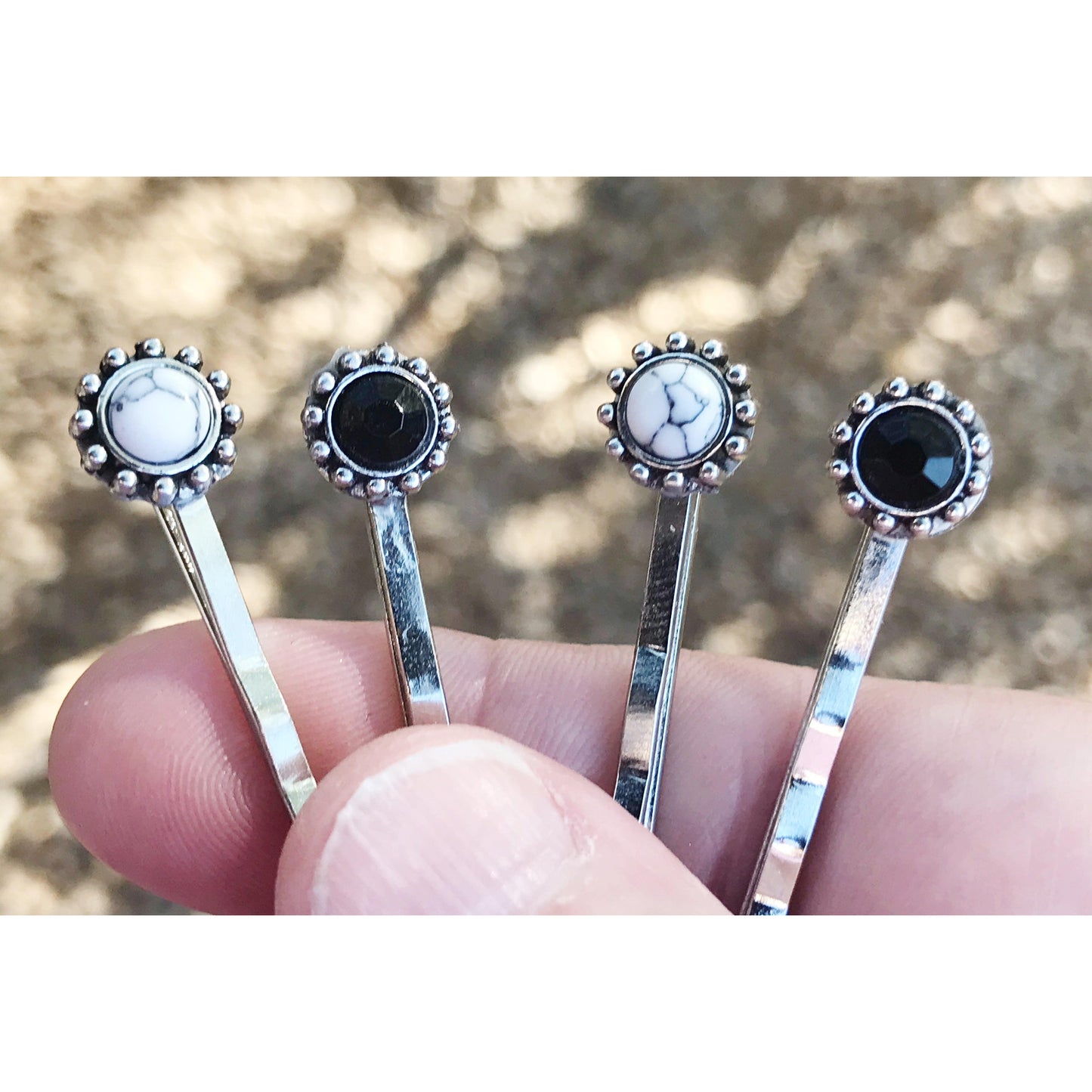 Boho Black & White Gemstone Hair Pins - Set of 4 Stylish Bobby Pins