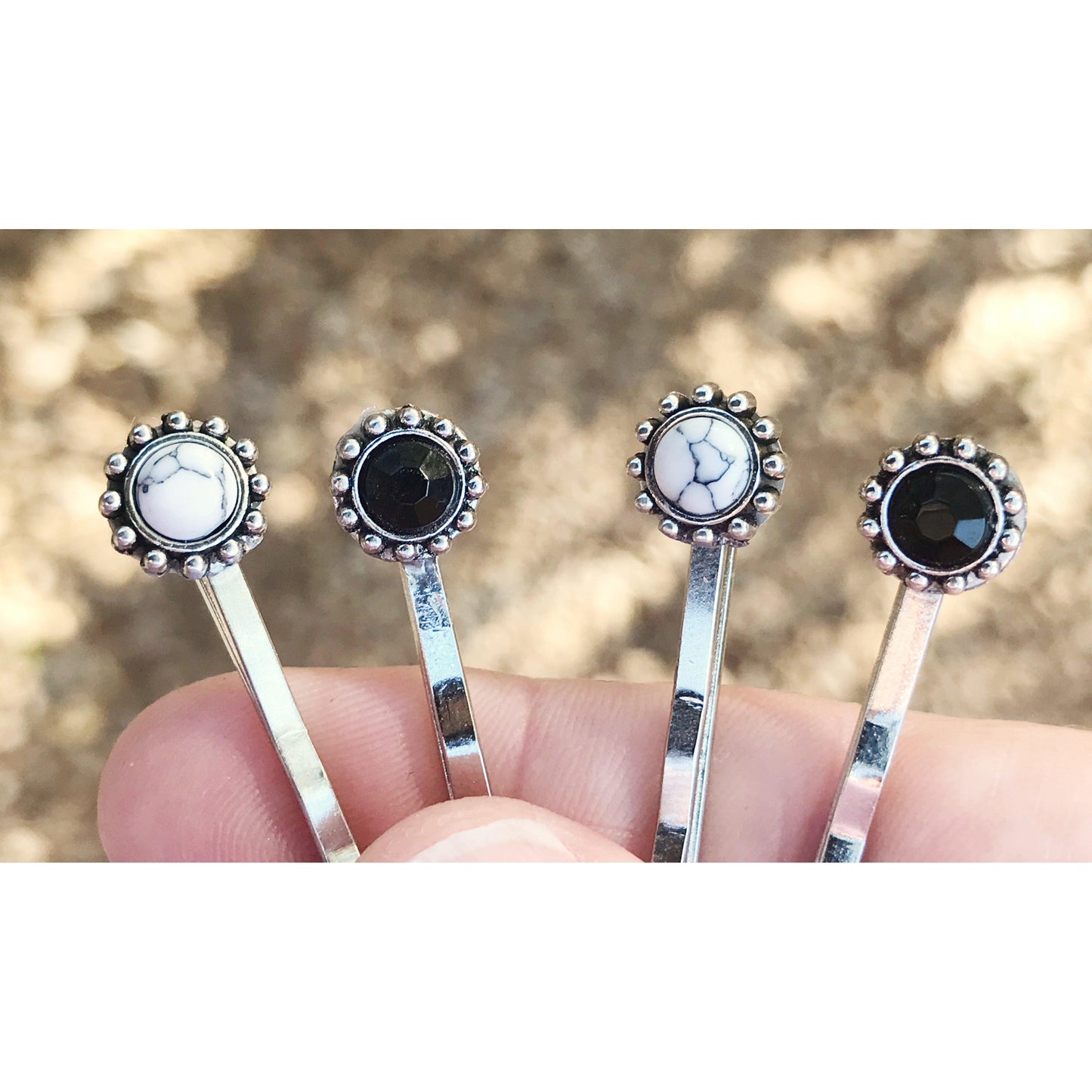 Boho Black & White Gemstone Hair Pins - Set of 4 Stylish Bobby Pins