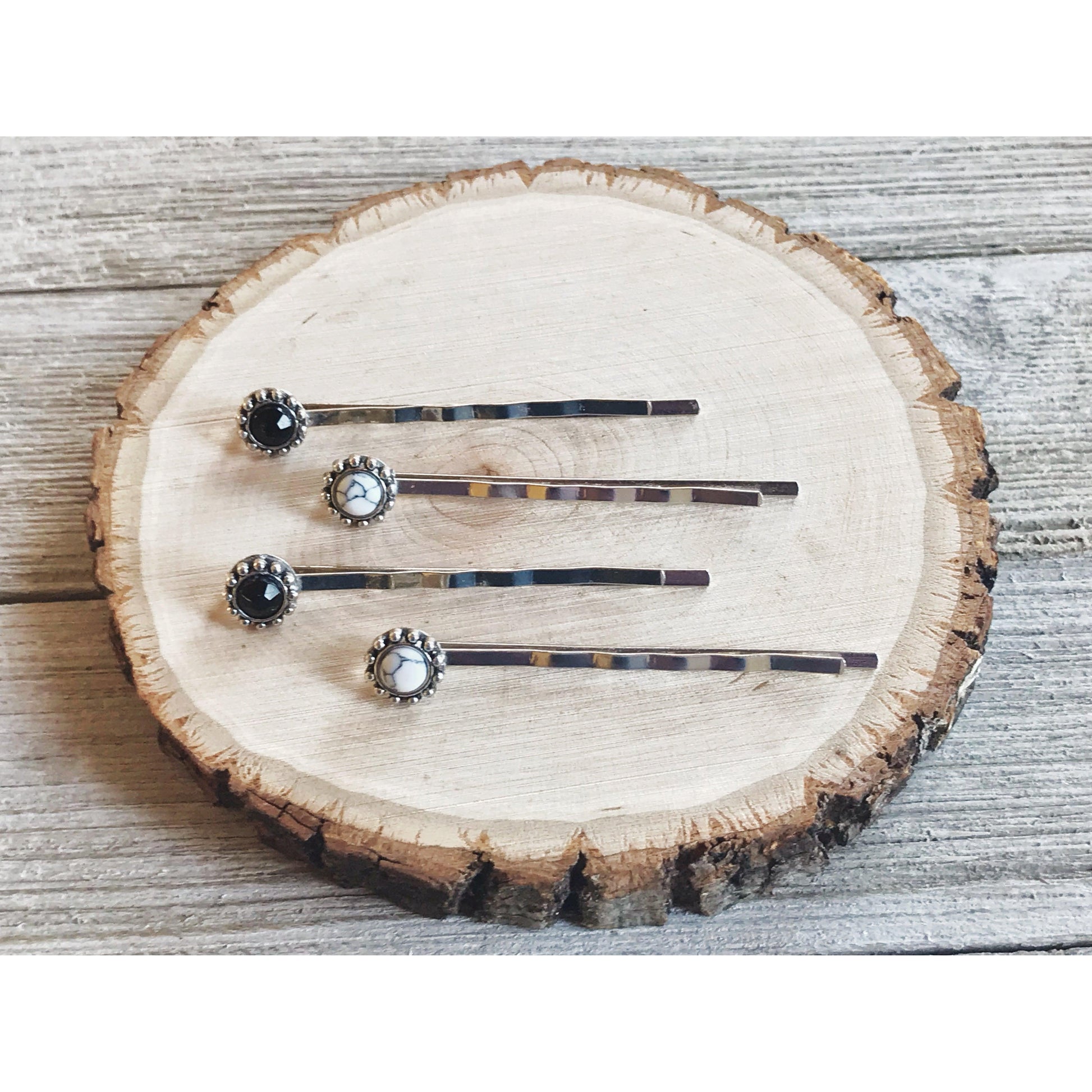 Boho Black & White Gemstone Hair Pins - Set of 4 Stylish Bobby Pins