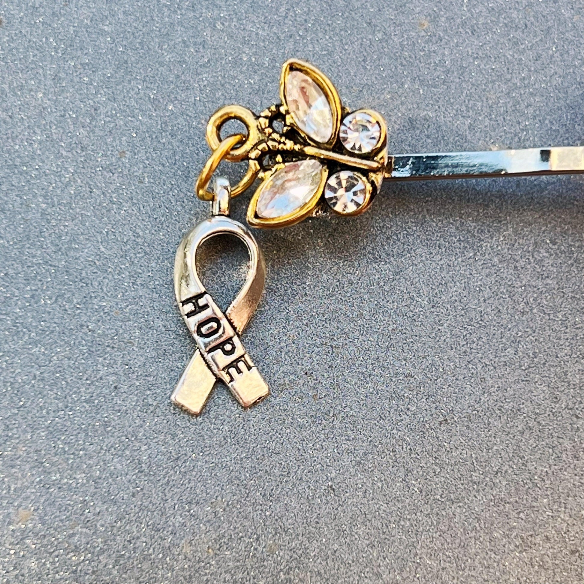 Gold Butterfly & Hope Ribbon Cancer Awareness Hair Pin - Stylish & Supportive Accessory