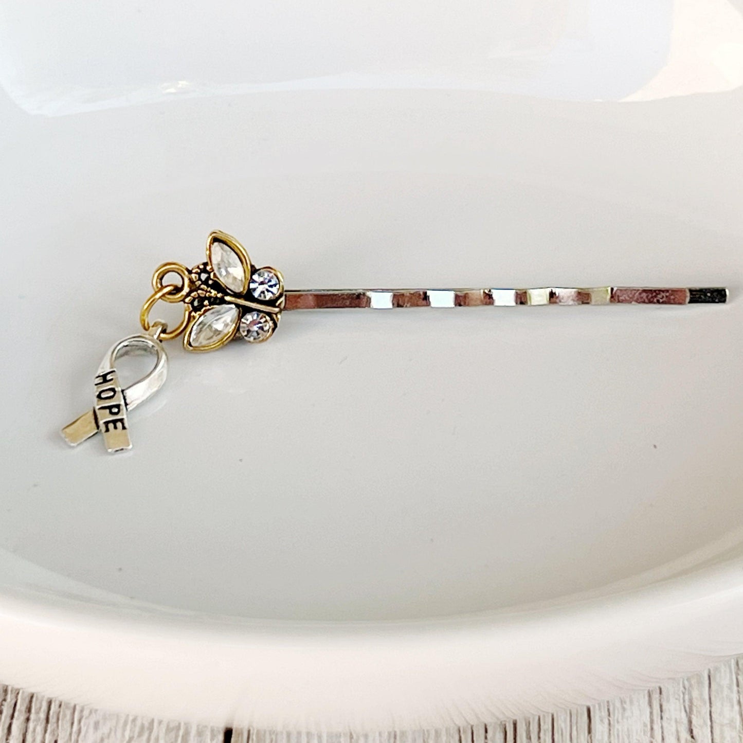 Gold Butterfly & Hope Ribbon Cancer Awareness Hair Pin - Stylish & Supportive Accessory