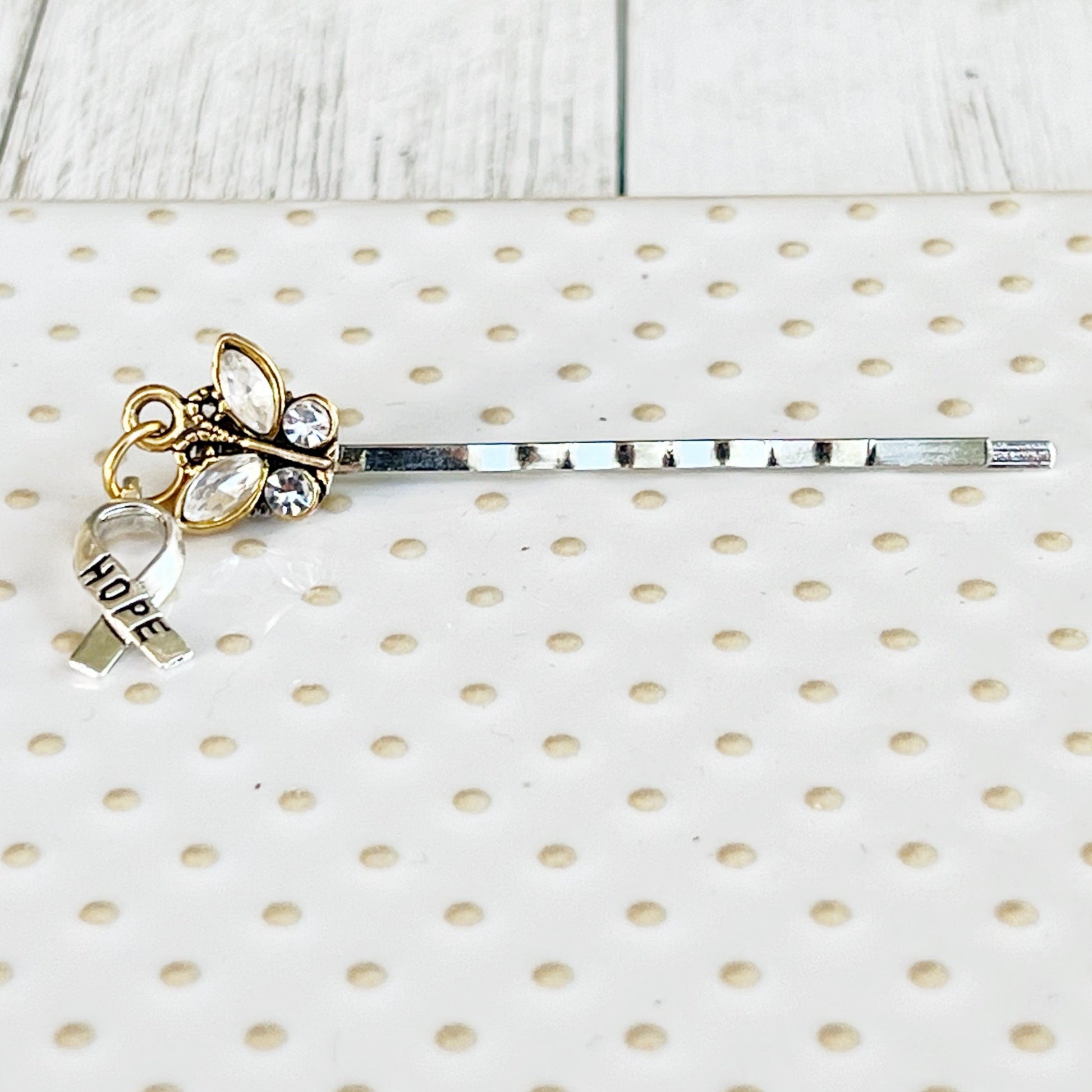 Gold Butterfly & Hope Ribbon Cancer Awareness Hair Pin - Stylish & Supportive Accessory