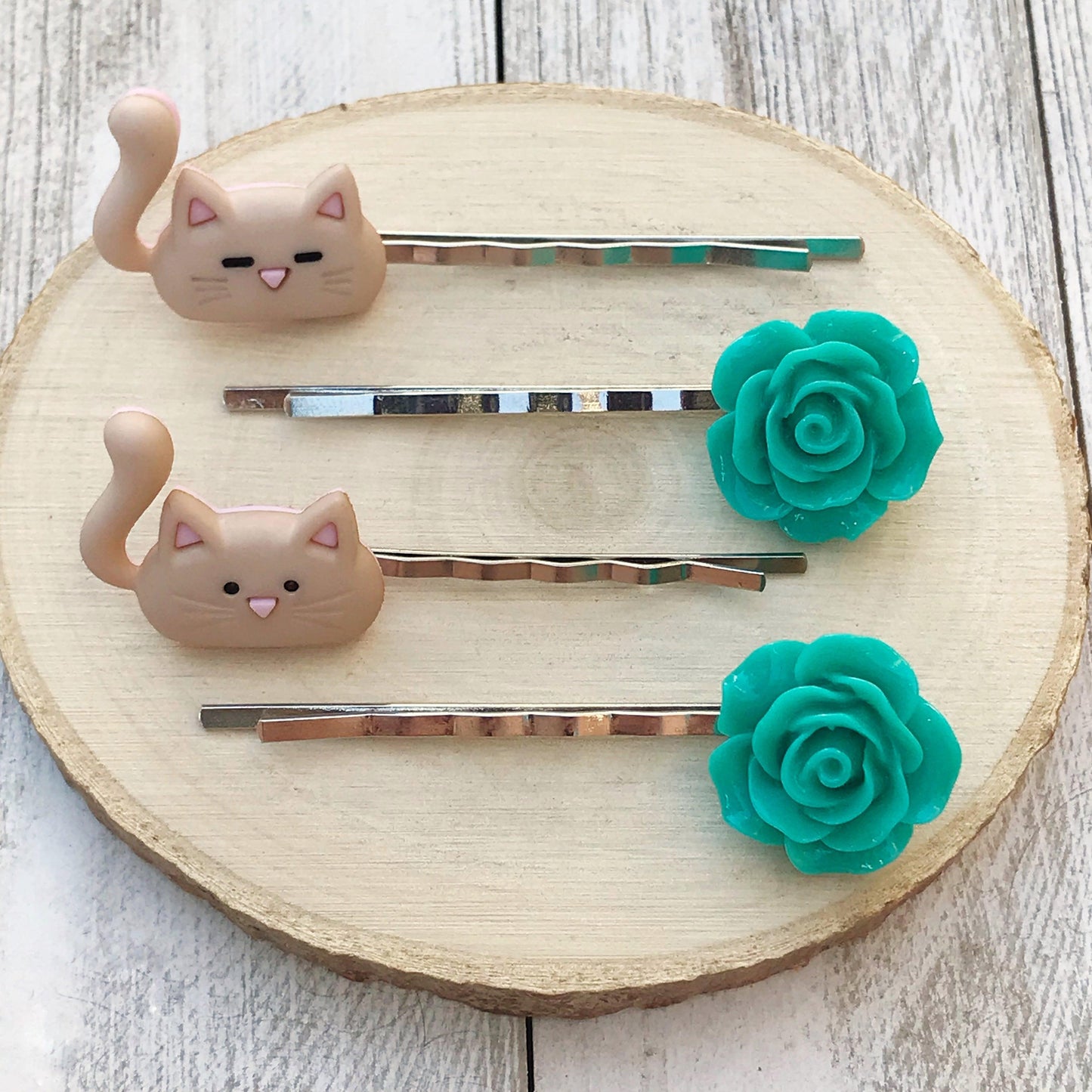 Tan Cats & Green Flower Hair Pin Set- Charming Accessories for Cat Lovers & Floral Enthusiasts