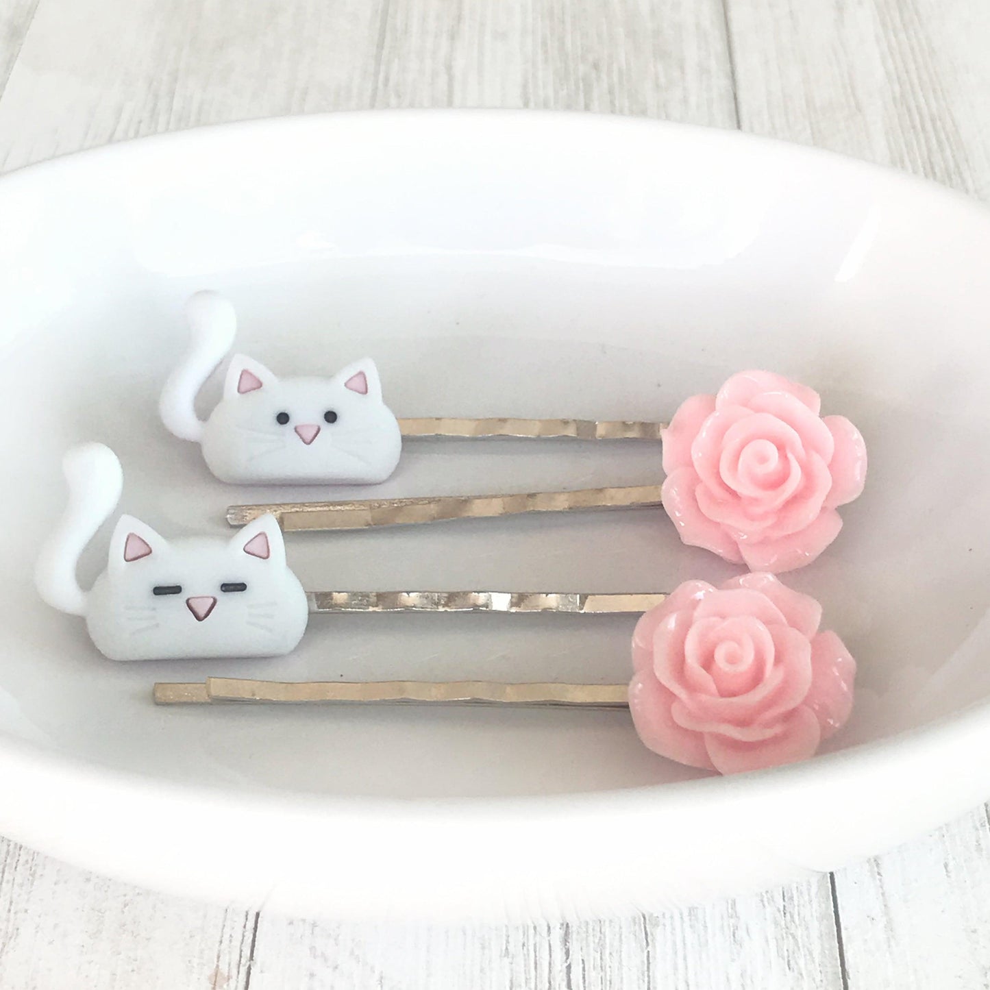 White Cats & Pink Flower Hair Pin Set- Charming Accessories for Cat Lovers & Floral Enthusiasts