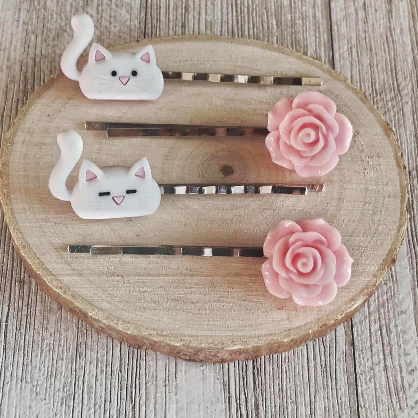 White Cats & Pink Flower Hair Pin Set- Charming Accessories for Cat Lovers & Floral Enthusiasts