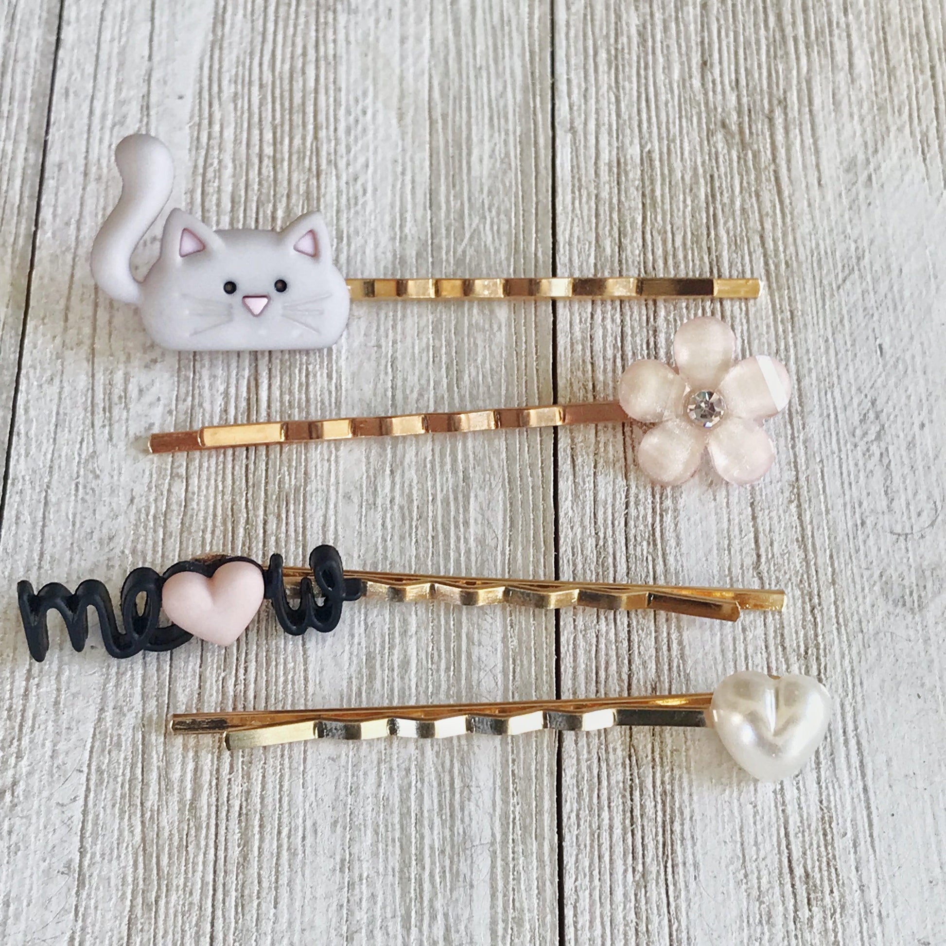 Gray Cat, White Heart, Pink Flower & Meow Hair Pins - Quirky Accessories for Feline-Inspired Hairstyles