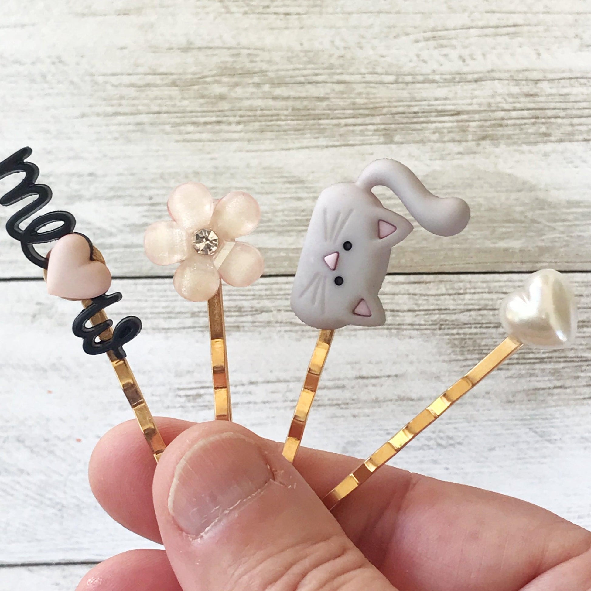 Gray Cat, White Heart, Pink Flower & Meow Hair Pins - Quirky Accessories for Feline-Inspired Hairstyles